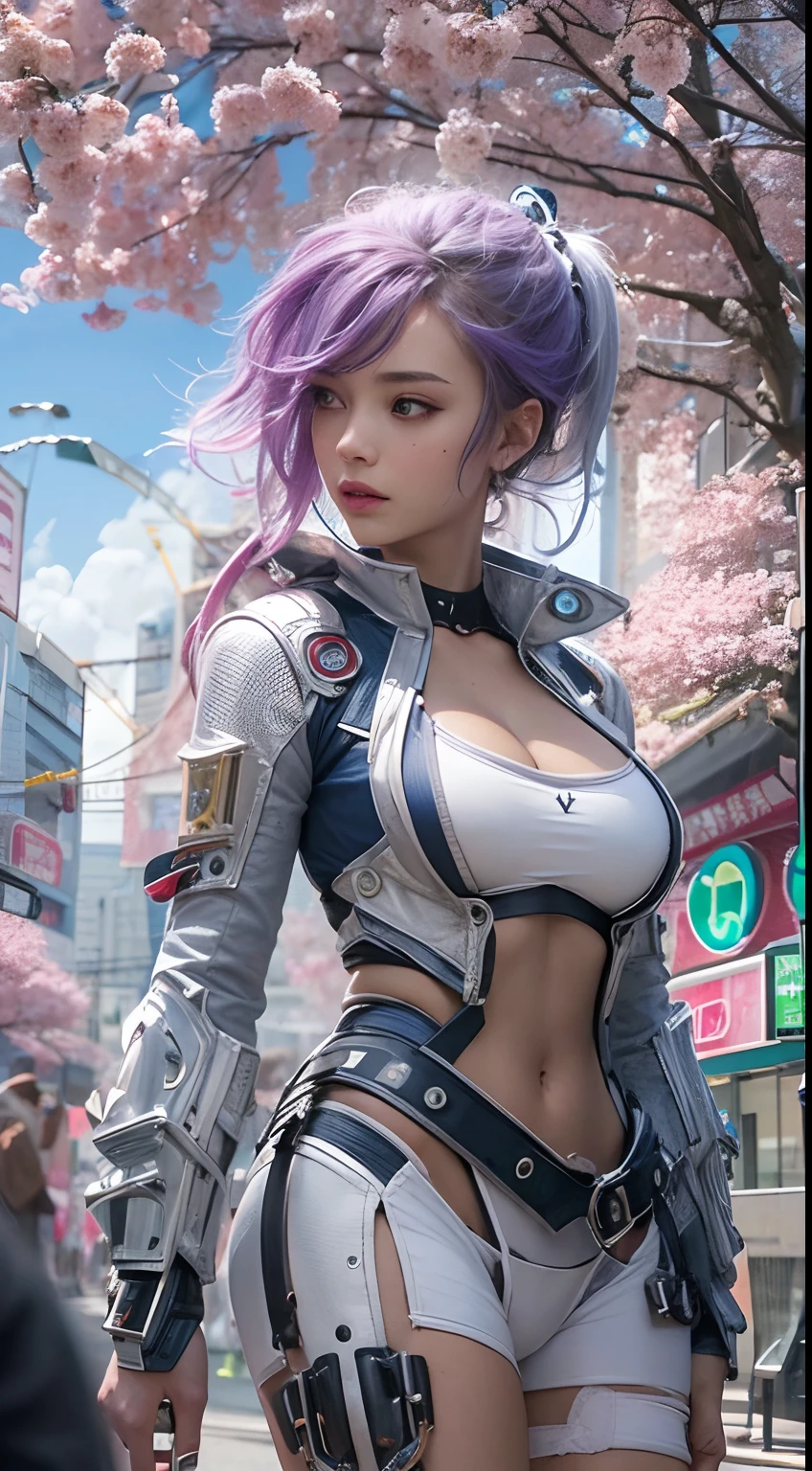 masterpiece, 1 beautiful girl, Detailed eye, Swollen eyes, top-quality, 超A high resolution, (reality: 1.4), 电影灯光, very extremely beautiful, Beautiful skins, A slender, Forward-facing body, (A hyper-realistic), (hight resolution), (8K), (ighly detailed), ( Best Illustration), (beautifully detailed eyes), (ultra-detailliert), 详细的脸, Bright lighting, Professional Lighting、the most beautiful and sexy cyberpunk girl, purple hair, yellow eyes, dark african skin, wearing incredibly detailed futuristic cyberpunk battle armor, huge enormously gigantic tits, cleavage showing, tons of tattoos and piercings, in hyper futuristic city metropolis, cherry blossoms blowing in the wind, cinematic, incredibly perfect masterpiece, high quality, high resolution