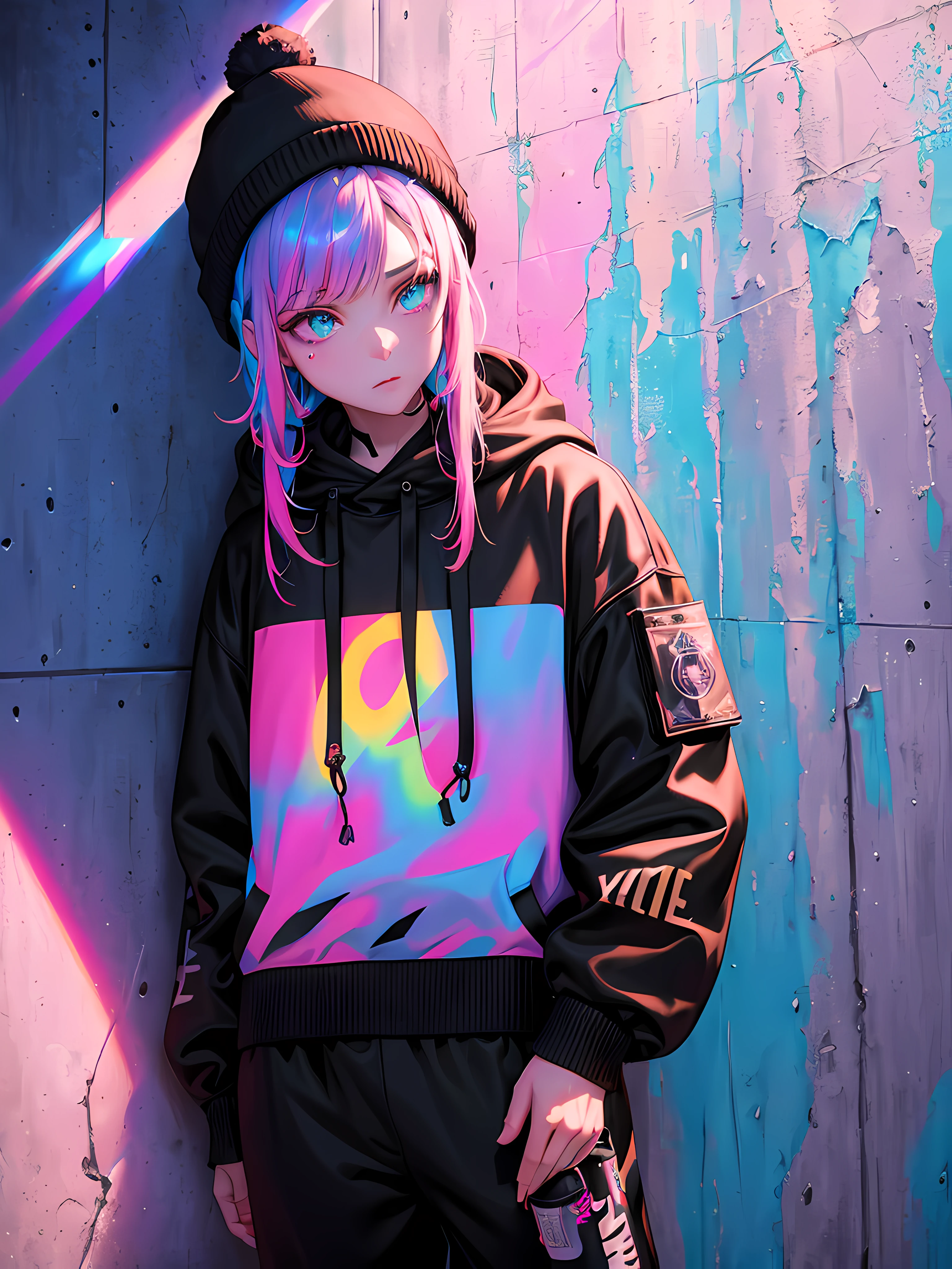 a cute adult, wearing a loose cropped oversized black hoodie, wearing a pair of denim short shorts and fishnet stockings, thick thighs, wide hips, short, very slim, showing slender tummy, stretching out, heart on hoodie, squishy thighs, has glowing blue eyes. alone, solo (ALONE)(SOLO), surrounded by rainbows, colorful galaxy backround