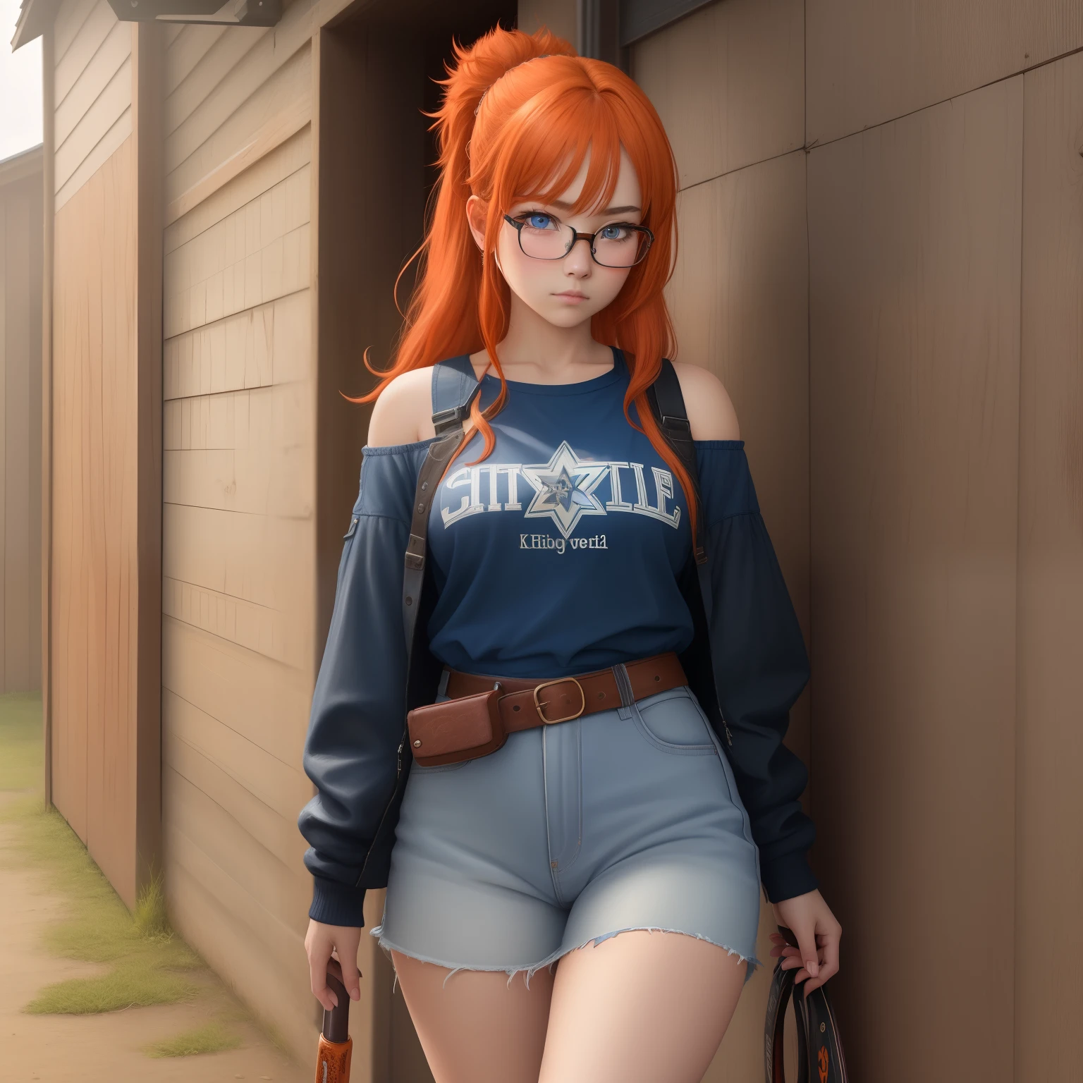 8k, masterpiece, best quality, realistic, higly detailed, cowboy shot, 1girl, solo, itsuki, serious looking girl, medium-length hair, expressive ahoge, reddish-orange hair, a pair of star-shaped hairpins near both of her eyes, dark blue eyes, average height, well-endowed figure, glasses, cute, skatist