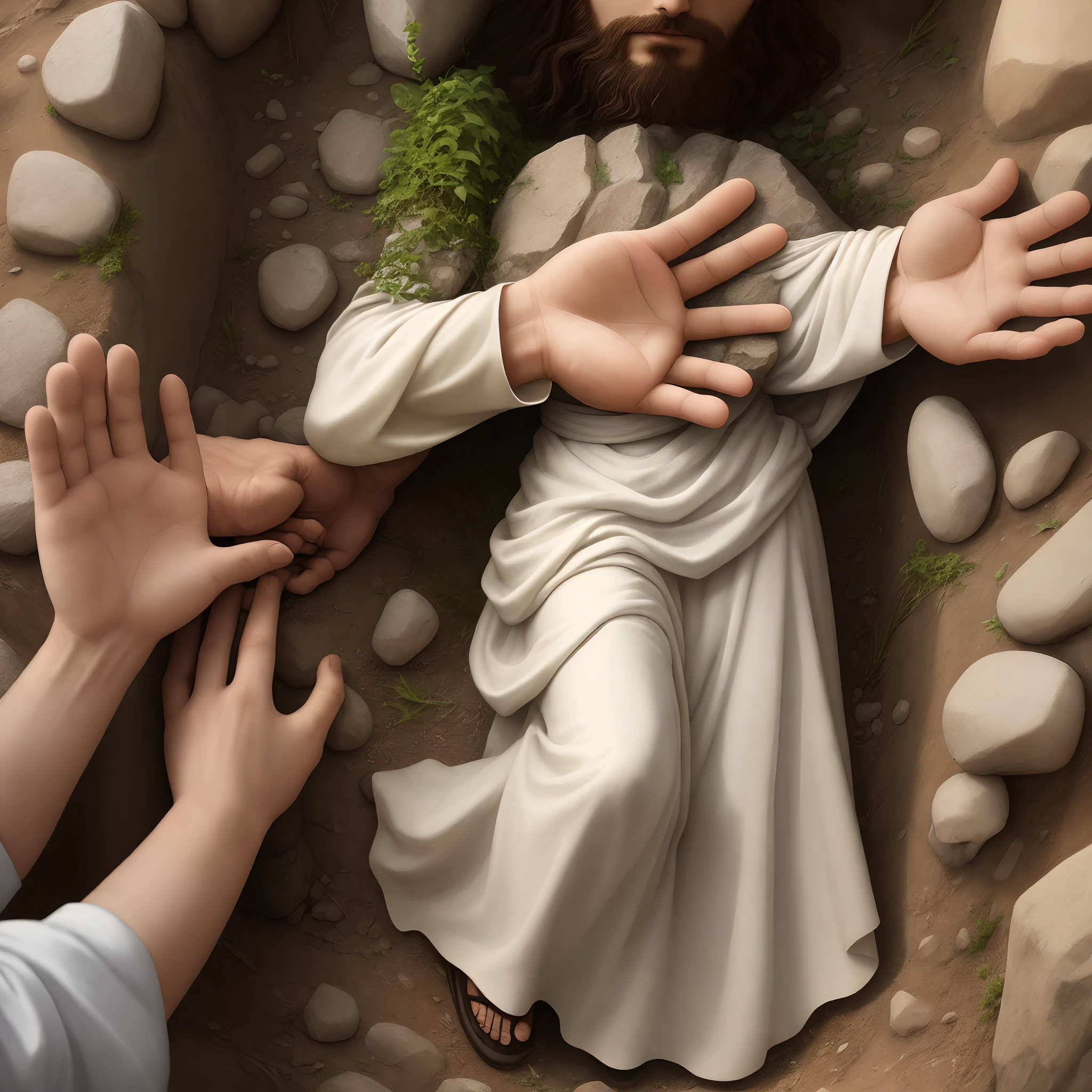 Jesus’ hand reaching out of tomb