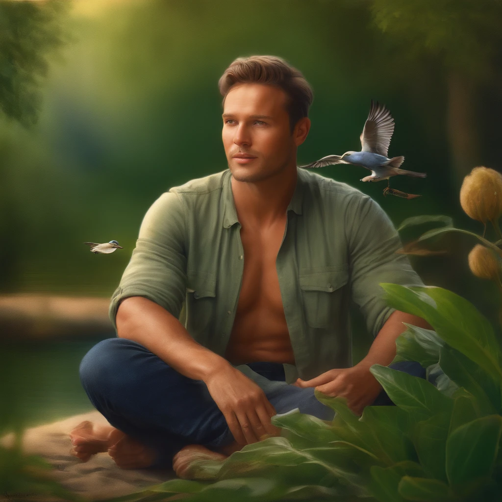 (best quality, highres, realistic:1.37), HDR, (portrait:1.1), (oil painting:1.1), a man sitting cross-legged, surrounded by vibrant flowers and lush greenery, (serene atmosphere), gentle sunlight streaming through the leaves, (soft shadows), (detailed facial features:1.1), calm expression radiating tranquility, (warm color scheme), (subtle texture on skin:1.1), (carefully rendered hair:1.1), (fine brushstrokes:1.1), a serene pond reflecting the beauty of the surroundings, (sparkling ripples on the water:1.1), (birds chirping in the background), (subtle breeze swaying the foliage), (peaceful ambiance), (relaxing and meditative mood), (subtle rays of sunlight illuminating the scene), a sense of harmony between nature and the man's inner peace.