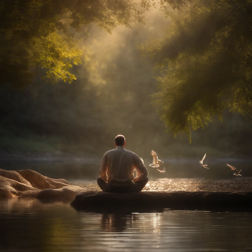 (best quality, highres, realistic:1.37), HDR, (portrait:1.1), (oil painting:1.1), a man sitting cross-legged, surrounded by vibrant flowers and lush greenery, (serene atmosphere), gentle sunlight streaming through the leaves, (soft shadows), (detailed facial features:1.1), calm expression radiating tranquility, (warm color scheme), (subtle texture on skin:1.1), (carefully rendered hair:1.1), (fine brushstrokes:1.1), a serene pond reflecting the beauty of the surroundings, (sparkling ripples on the water:1.1), (birds chirping in the background), (subtle breeze swaying the foliage), (peaceful ambiance), (relaxing and meditative mood), (subtle rays of sunlight illuminating the scene), a sense of harmony between nature and the man's inner peace.