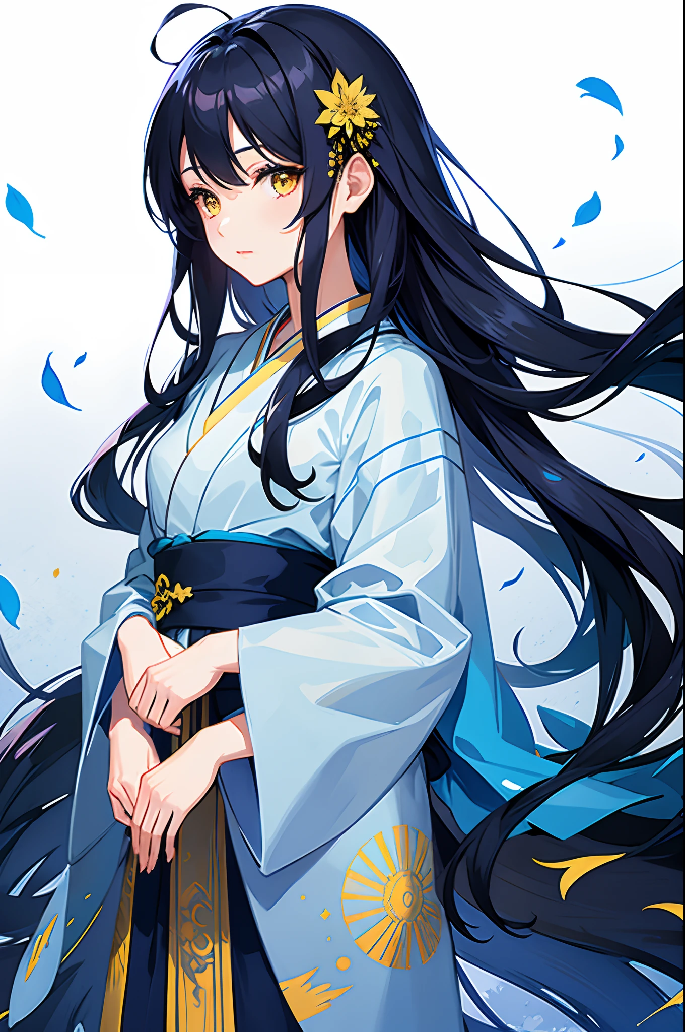 Masterpiece, dark blue long-haired beauty, absolutely beautiful, hair accessories, wearing simple yukata, light color yukata, yellow eyes, long eyelashes, withered petals, beautiful, charming, perfect, super clear, HD, light blue background, solo, 1girl