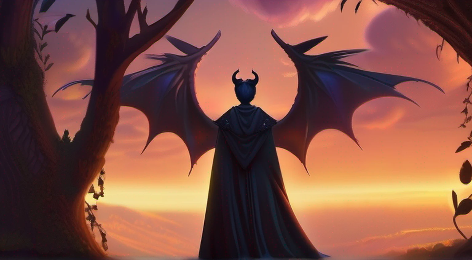 a girl (Maleficent) monstro tem asas . mulher assustadora. Mulher Diabo. asas grandes.chifres grandes .orelhas de elfo . Standing in a tree . tall tree . looking at sunset. Peitos grandes . ultra high-resolution . 8k . totalmente detalhado