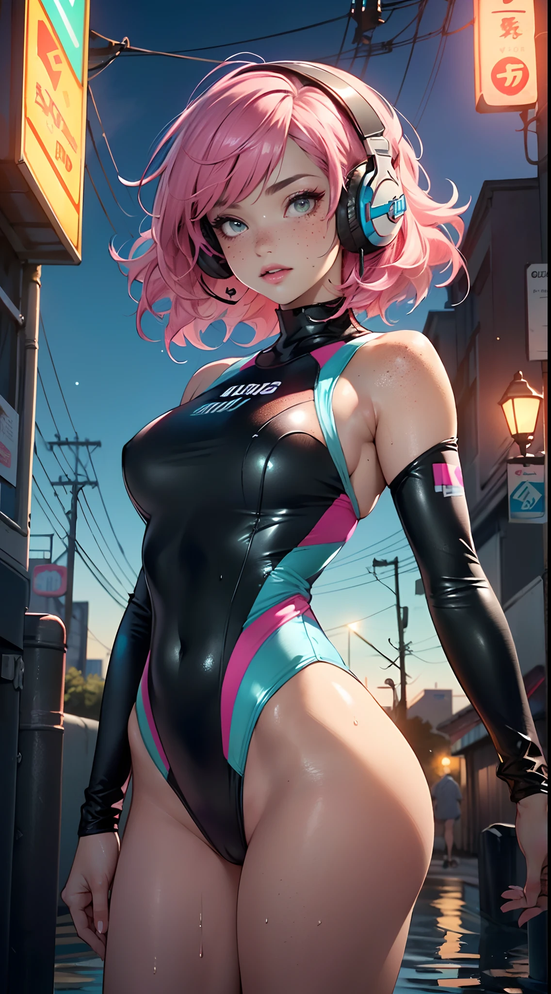 sporty girl,(((1girl))),((girl with bubblegum pink hair and freckles,extremely cute and gorgeous)),
(large breasts:1.4),saggy breasts,(((bubblegum pink hair:1.35,straight hair,long hair:1.4,colored inner hair,ear breathing))),((heterochromia:1.5, (pink_eye and aqua_eye))),(((freckles on the face,freckles,freckled girl))),((fat)),(((lustrous skin:1.5,bright skin: 1.5,skin tanned,shiny skin,very shiny skin,shiny body,plastic glitter skin,exaggerated shiny skin,illuminated skin, wet legs))),(spider lower abdomen,narrow waist,wide hip,athletic body,inflated legs,detailed body,(detailed face)),
cute,slutty,seductive,erotic,(((nsfw))),
zettai ryouiki,((one-piece_swimsuit magenta,wearing a one-piece_swimsuit outfit:1.3,swimsuit type spacesuit,magenta armor swimsuit:1.3)),,(rgb headphones:1.5),((wet clothes,intricate outfit,intricate clothes)),
(dynamic pose:1.0),embarrassed,(centered,scale to fit dimensions,Rule of thirds),
cyberpunk city by the ocean at night, with bright neon signs and dark stormy clouds and puddles, scenery:1.25,
artistic photography,(photography taken by sldr),highres, sharp focus, (ultra detailed, extremely detailed), (photorealistic artwork:1.37),(extremely detailed CG unity 8k wallpaper),((synthwave background theme)),(((vibrant colors))),(intricate background),(masterpiece),(best quality),