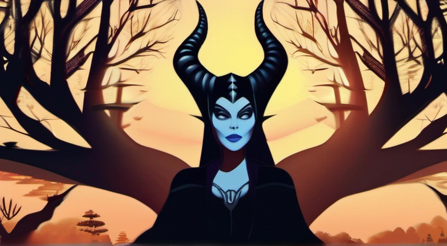 a girl (Maleficent) monstro tem asas . mulher assustadora. Mulher Diabo. asas grandes.chifres grandes .orelhas de elfo . Standing in a tree . tall tree . looking at sunset. Peitos grandes . ultra high-resolution . 8k . totalmente detalhado
