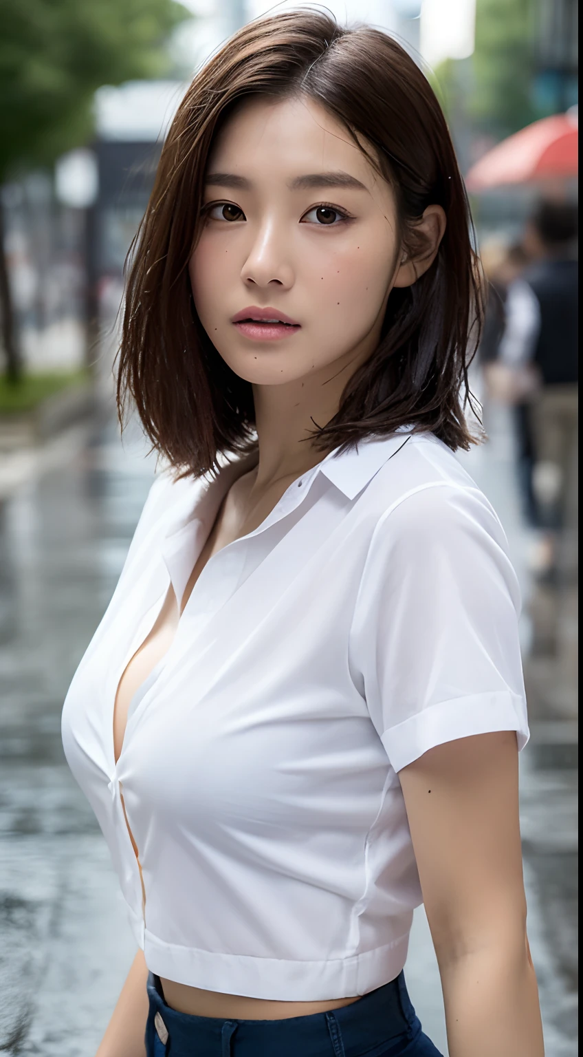 ((Best quality, 8k, Masterpiece: 1.3)), Sharp focus: 1.2, A beautiful woman with perfect body: 1.4, Slim abdomen: 1.2, ((Layered haircut, Large breasts: 1.2)), (no bra) (Small and beautiful hard nipple) (Thin and damp button up to shirt length: 1.1), (White shirt wet by rain), (Rain, Street: 1.2), Wet body: 1.1, Highly detailed face and skin texture,  Detailed eyes, Double eyelid, tanned skin, sexy, tan