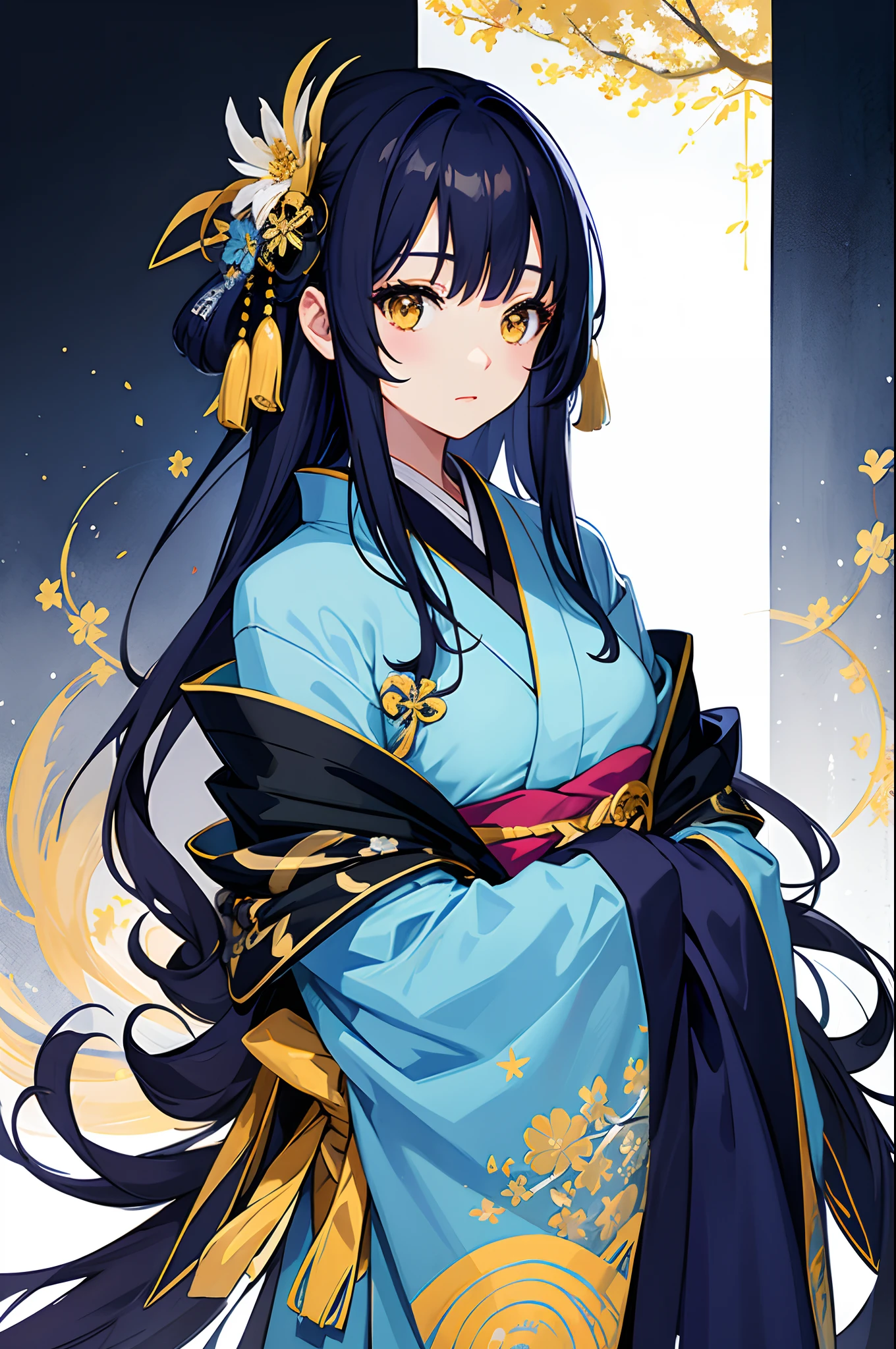 Masterpiece, dark blue long-haired beauty, absolutely beautiful, hair accessories, wearing simple kimono, light color kimono, yellow eyes, long eyelashes, withered petals, beautiful, charming, perfect, super clear, HD, light blue background, solo, 1girl, soft smile, teen, medium boobs