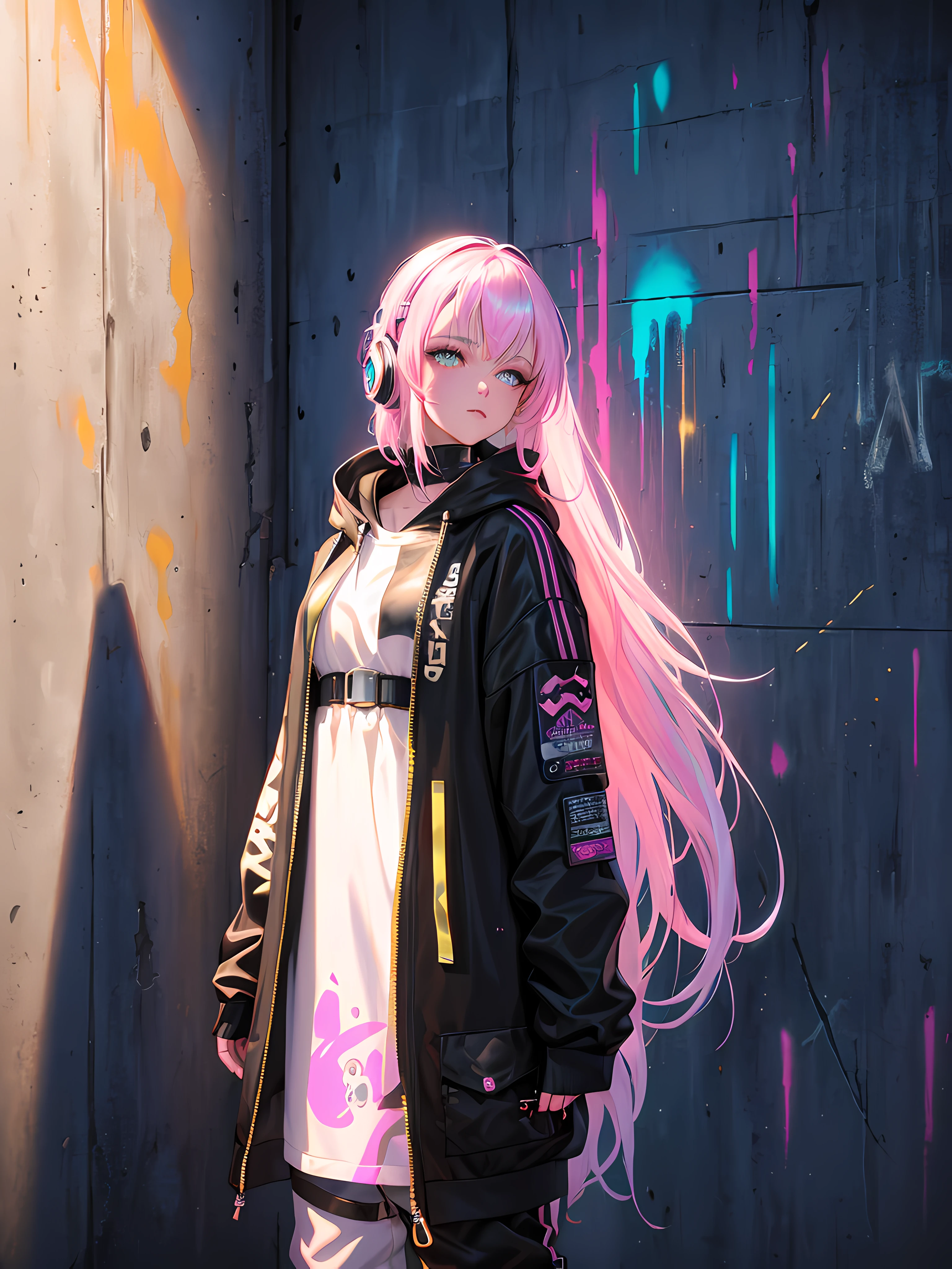 (Masterpiece:1.2), best quality, (illustration:1.2), (ultra-detailed),Eye focus,(Masterfully crafted Glow, pink lens flare), (Cinematic background), hyper details,(delicate detailed), (intricate details), octane render, hdr, (hyperdetailed:1.15), (((colourful))),(soft light:1.2), 1girl, beautiful girl, ultra detailed eyes, mature, plump, thick, rainbow painting drops, paint teardrops, woman made up from paint, entirely paint, splat, splash, (outside), (bioluminescent hair:1.1),(glowing eyes), ((makeup)),(Cinematic masterpiece), fierce, powerful, splashes of colour absolutely eye-catching, (Cinematic headlight), (realistic bounce lighting:1.2),((caustic)), dynamic angle, beautiful detailed glow, ambient occlusion, ambient light, raytraced reflections,(best illumination, an extremely delicate and beautiful), ((cinematic light)), (soft:2), (whimsical:2) , intricate background, vibrant, dreamscape, (painting graffiti:1.3), (glowing tail), (painted city landscape), (Urban),(realistic urban fashion), (expressive:1.2), good form, athletic , (mirrored world), (long flowing black hair:1.1), wavy hair, (colourful hair highlights),(Cyberpunk Techwear Japanese Streetwear Longline Hoodie),(Cyberpunk Streetwear Kanji Joggers), glowing headphones, beanie, (graffiti wall), unfinished graffiti, ghetto,(looking at wall:2),black hoodie, (backwall present),(holding spraycan:1.3), (colourful mist), buckles, belts, straps, a girl standing in front of a graffiti wall, cyberpunk art, by LAM, Mika Pikazo, graffiti, techwear jacket, black gloves, with buckle and tape