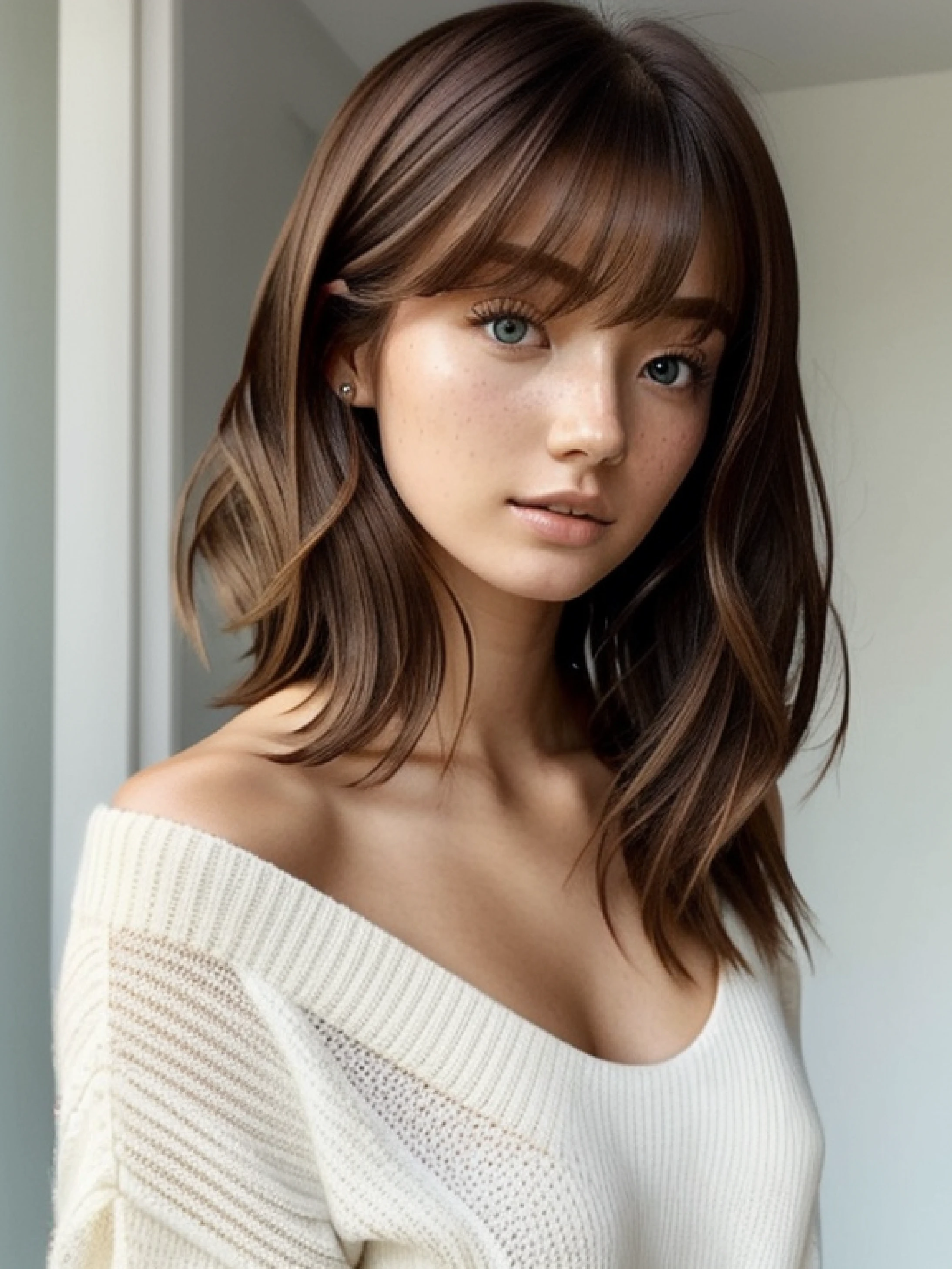 a woman with a white sweater and red and white sweater, redhead, russian_korean beauty, messy shoulder-length hair, tousled medium length hair, wavy shoulder-length hair, shoulder length hair, short messy hair, mid - length hair, middle length hair, shoulder - length hair, shoulder-length hair, messy hair, curly middle part haircut, cool tousled hair, stunning cute, amazing details, freckles, blue eyes, massive tits, natural skin imperfections