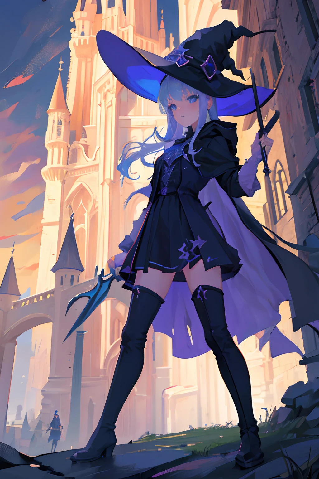 High Resolution, Detailed Face Features, Wallpaper, Big Dagger, Female Witch, Small Chest, Full Body, Jacket in random Color, Tighs,Random Color Boots, Stockings, Bridge, Castle Background