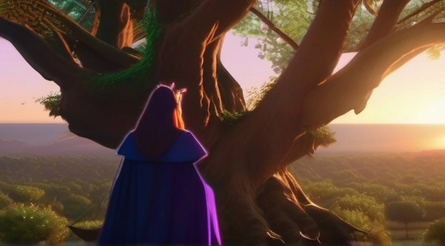a girl (Maleficent) monstro tem asas . mulher assustadora. Mulher Diabo. asas grandes.chifres grandes .orelhas de elfo . Standing in a tree . tall tree . looking at sunset. Peitos grandes . ultra high-resolution . 8k . totalmente detalhado