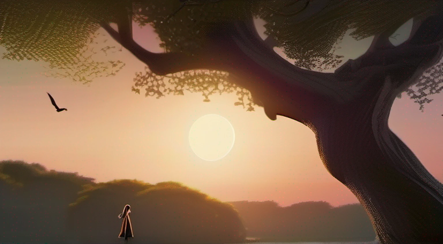 a girl (Maleficent) monstro tem asas . mulher assustadora. Mulher Diabo. asas grandes.chifres grandes .orelhas de elfo . Standing in a tree . tall tree . looking at sunset. Peitos grandes . ultra high-resolution . 8k . totalmente detalhado