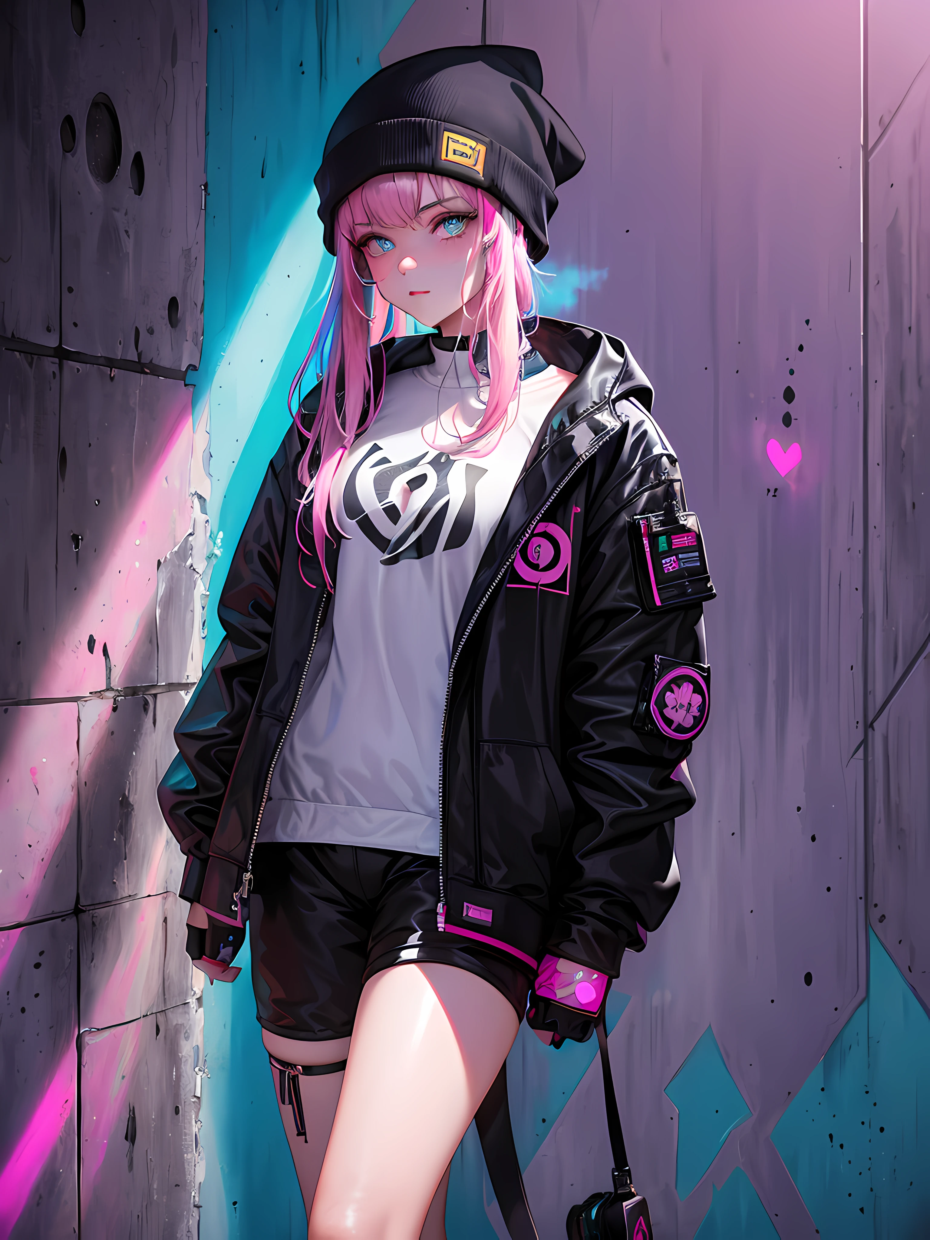 (Masterpiece:1.2), best quality, (illustration:1.2), (ultra-detailed),Eye focus,(Masterfully crafted Glow, pink lens flare), (Cinematic background), hyper details,(delicate detailed), (intricate details), octane render, hdr, (hyperdetailed:1.15), (((colourful))),(soft light:1.2), 1girl, beautiful girl, ultra detailed eyes, mature, plump, thick, rainbow painting drops, paint teardrops, woman made up from paint, entirely paint, splat, splash, (outside), (bioluminescent hair:1.1),(glowing eyes), ((makeup)),(Cinematic masterpiece), fierce, powerful, splashes of colour absolutely eye-catching, (Cinematic headlight), (realistic bounce lighting:1.2),((caustic)), dynamic angle, beautiful detailed glow, ambient occlusion, ambient light, raytraced reflections,(best illumination, an extremely delicate and beautiful), ((cinematic light)), (soft:2), (whimsical:2) , intricate background, vibrant, dreamscape, (painting graffiti:1.3), (glowing tail), (painted city landscape), (Urban),(realistic urban fashion), (expressive:1.2), good form, athletic , (mirrored world), (long flowing black hair:1.1), wavy hair, (colourful hair highlights),(Cyberpunk Techwear Japanese Streetwear Longline Hoodie),(Cyberpunk Streetwear Kanji Joggers), glowing headphones, beanie, (graffiti wall), unfinished graffiti, ghetto,(looking at wall:2),black hoodie, (backwall present),(holding spraycan:1.3), (colourful mist), buckles, belts, straps, a girl standing in front of a graffiti wall, cyberpunk art, by LAM, Mika Pikazo, graffiti, techwear jacket, black gloves, with buckle and tape