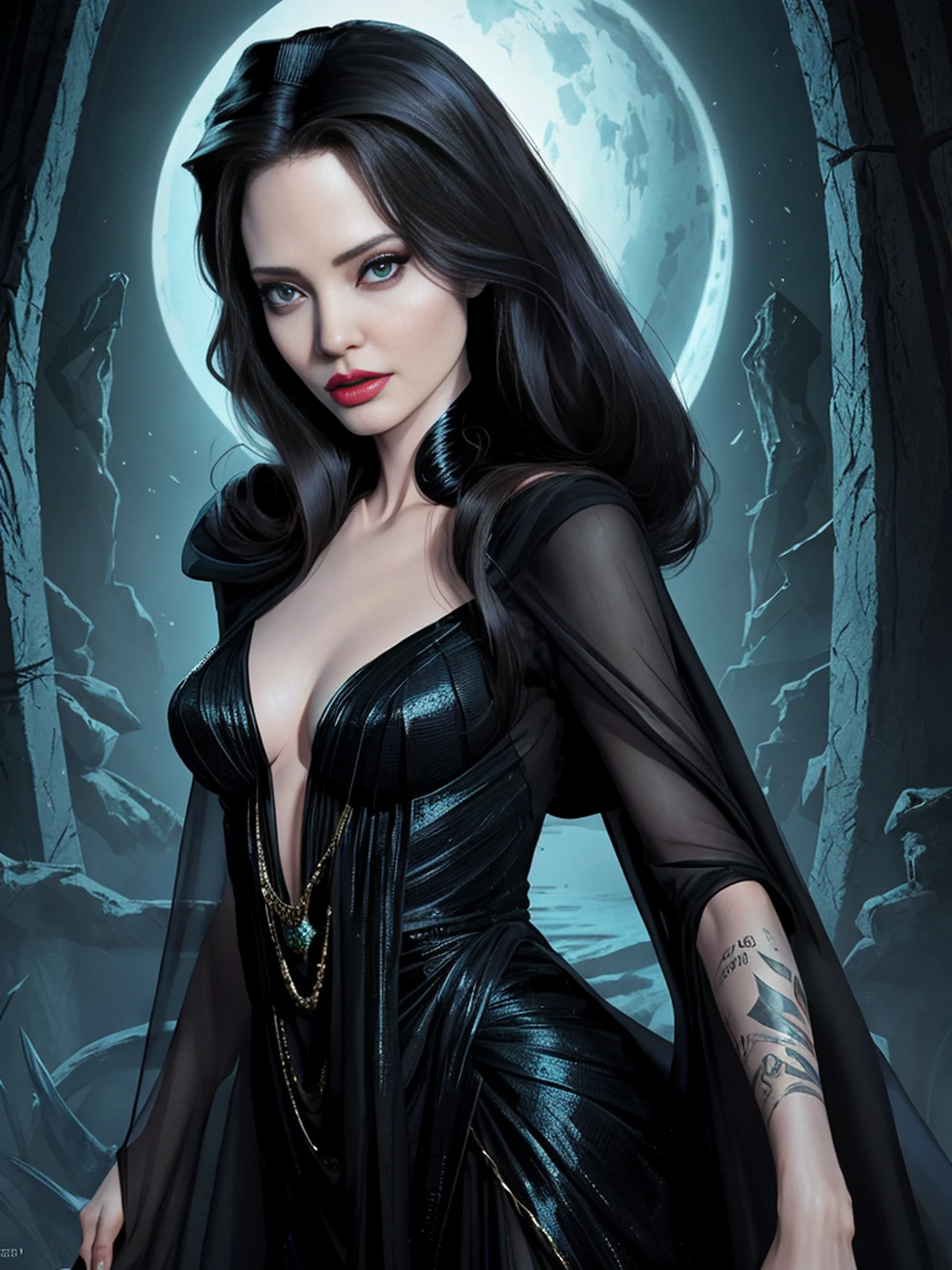 Angelina Jolie as Malevolent: Imagine Angelina Jolie's striking presence as the iconic Disney villain Maleficent, reimaginado como um personagem animado. With its dark magic and commanding presence, Maleficent weaves her intricate schemes and confronts the forces of good with her awe-inspiring powers.