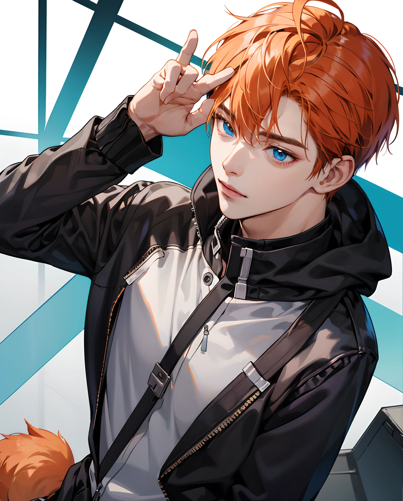 1boy, short ginger hair, blue eyes, anime, dog ears