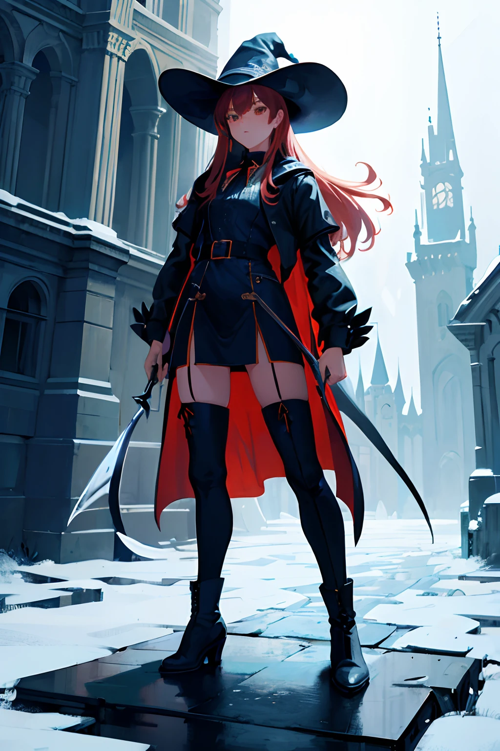 High Resolution, Detailed Face Features, Wallpaper, Big Dagger, Female Witch, Small Chest, Full Body, Jacket in random Color, Tighs,Random Color Boots, Stockings, Bridge, Castle Background