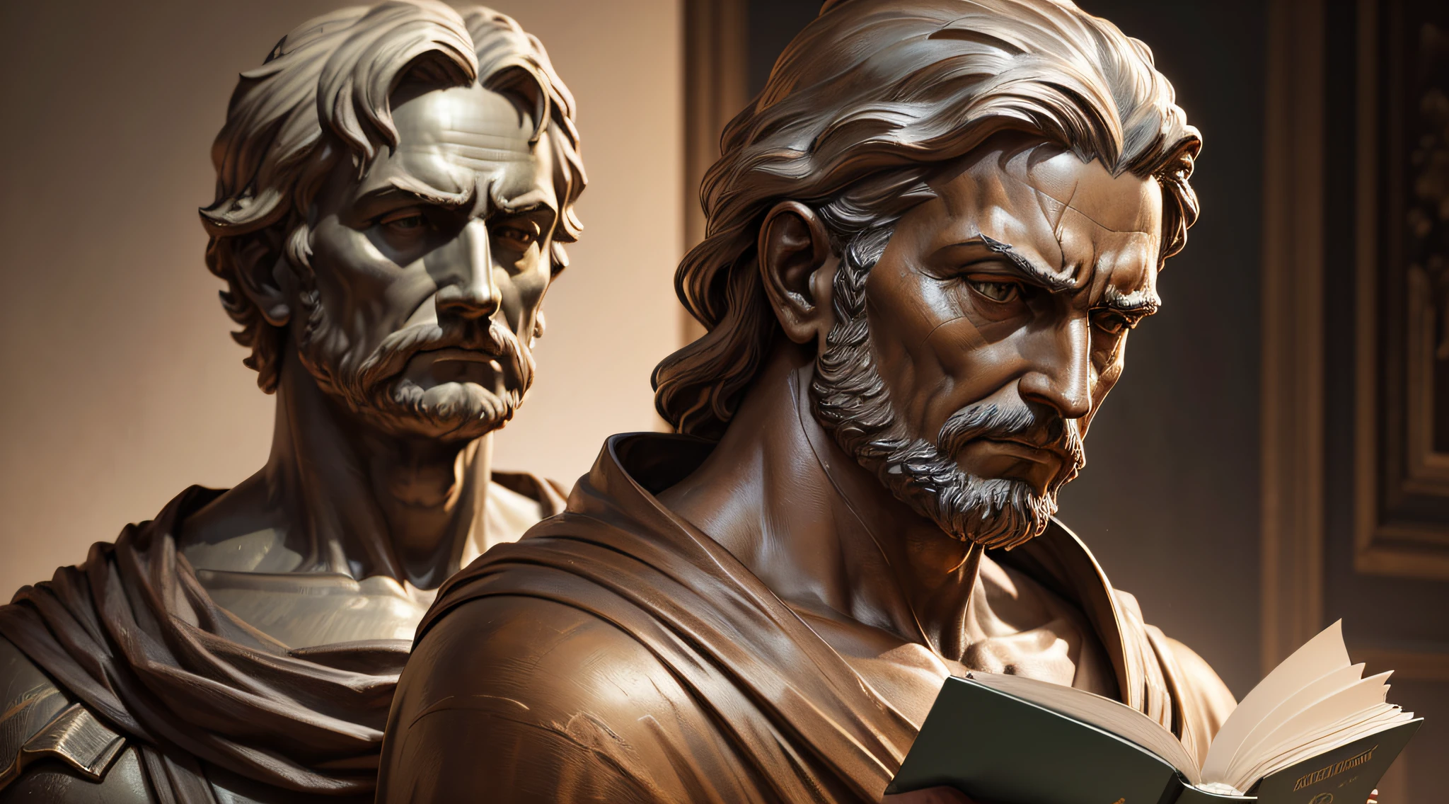 (a)bronze statue [Greek philosopher], (a)pensive pose, (a)furrowed brow, (a)book in hand, (evoke)wisdom and power, (best quality,masterpiece:1.2),ultra-detailed, (realistic:1.37),portraits, (subtle brown)color tone, (soft) lighting