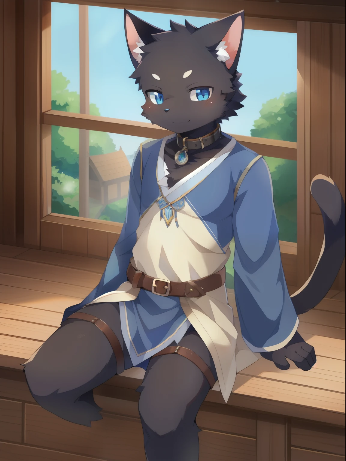 masterpiece, solo, 1boy, Furry, kemono, furry rabbit, anthropomorphic, male, black fur, black skin, blue eyes, wizard clothes, sexy clothes, fantasy town, femboy, uploaded on e621,