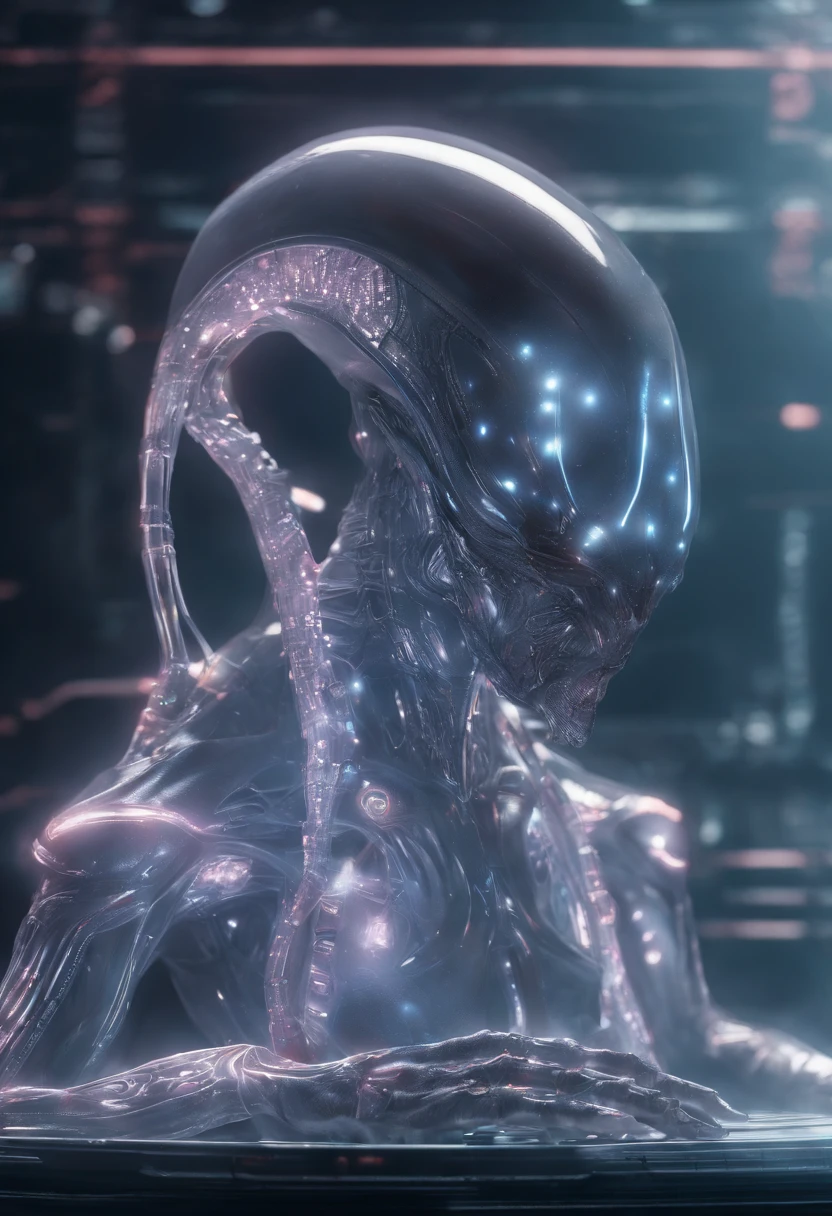fantchar, a translucent ethereal alien with delicate features in a science fiction setting, brilhando por dentro, Sparks and lights, luar, lua, Close-up, Realistic, altamente detalhado, intrincado