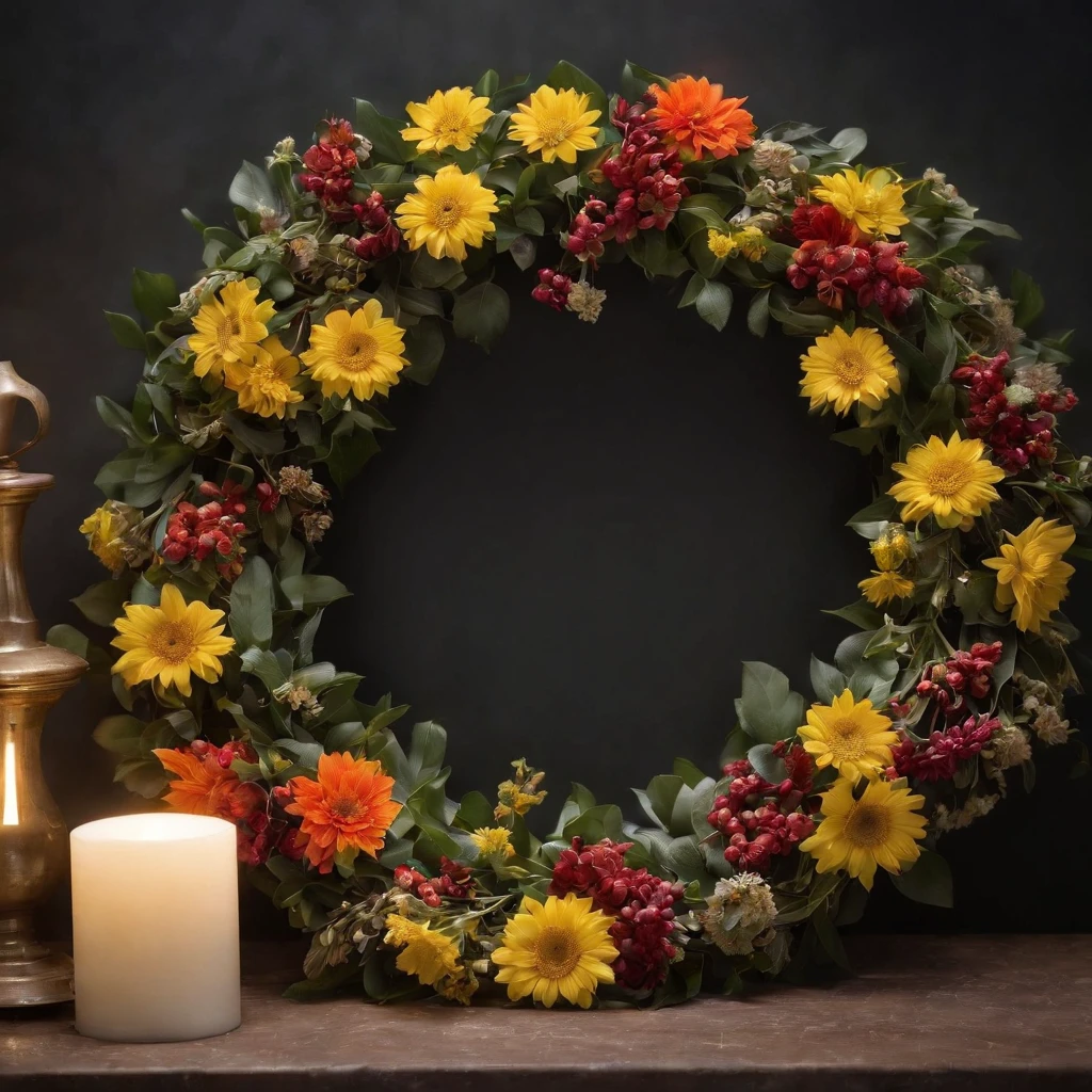 There is a wreath on a stand in the dark, feito de flores, feito de flores secas, feito de flores secas coloridas, flores e ouro, feito de flores e bagas, perfect maximalistic composition, feito de flores e folhas, awesome greate composition, elegant composition, Beautiful composition, beautiful composition 3 - d 4 k, Foto de natureza morta de um pano de fundo