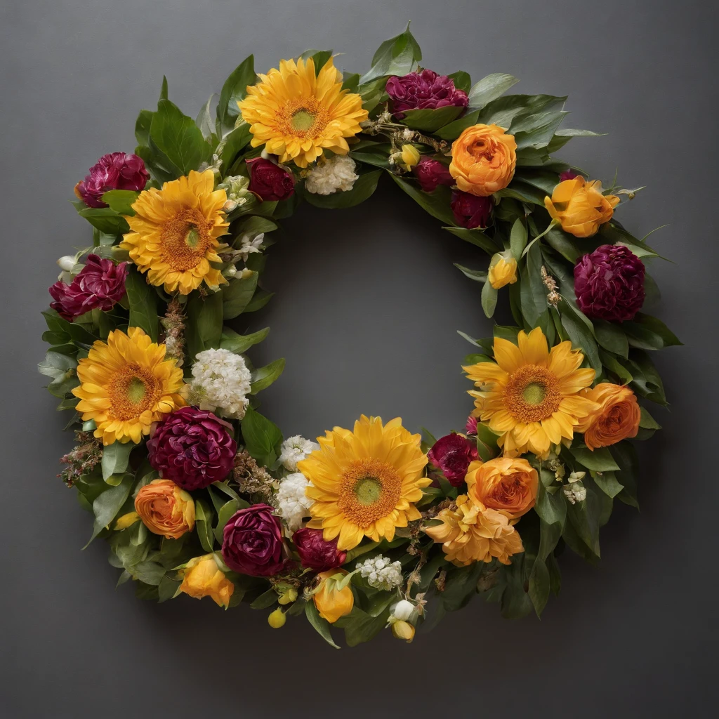 There is a wreath on a stand in the dark, feito de flores, feito de flores secas, feito de flores secas coloridas, flores e ouro, feito de flores e bagas, perfect maximalistic composition, feito de flores e folhas, awesome greate composition, elegant composition, Beautiful composition, beautiful composition 3 - d 4 k, Foto de natureza morta de um pano de fundo
