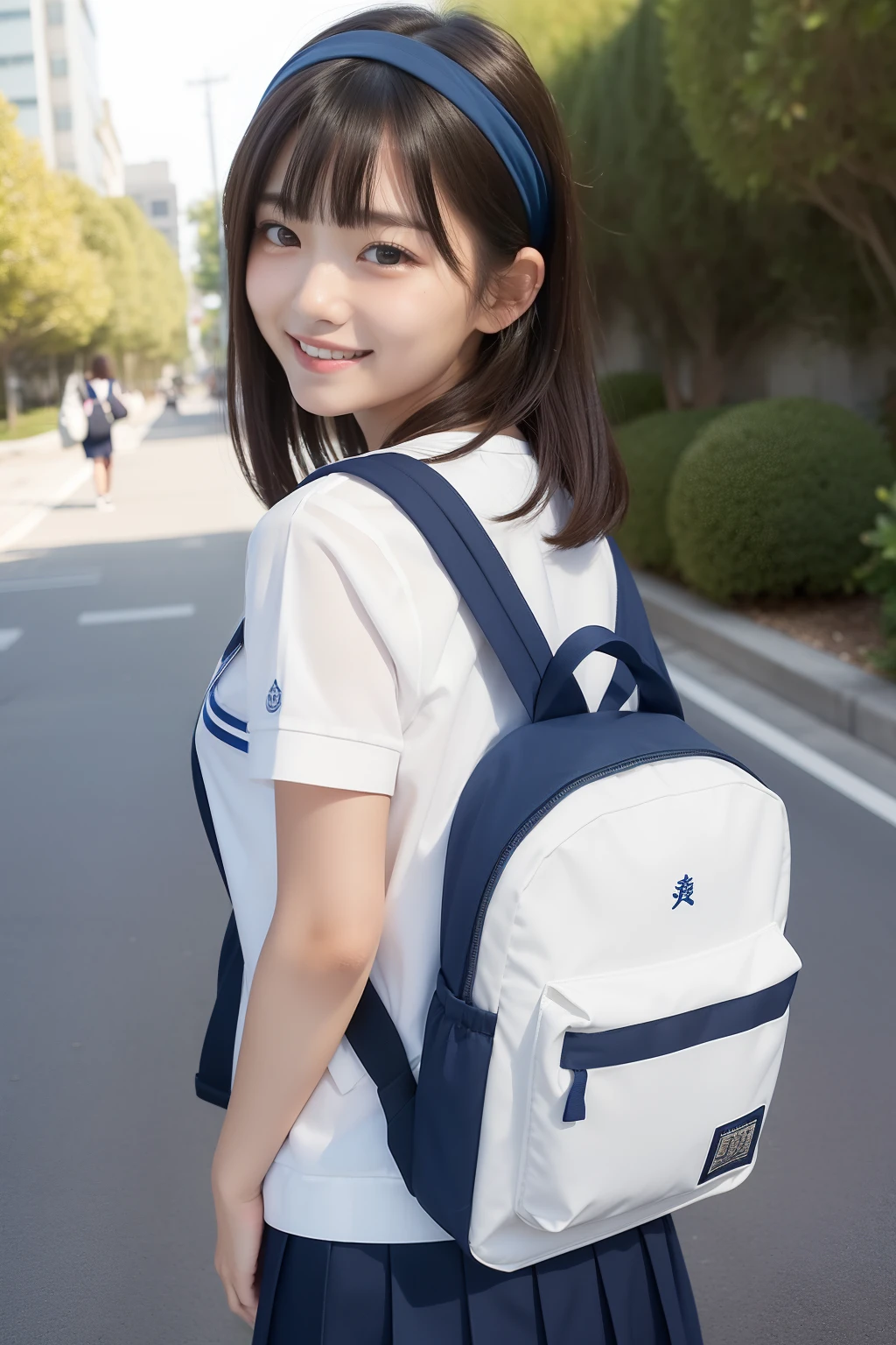 (masterpiece,top-quality,超A high resolution),A Japanese Lady, Very beautiful girl, Ubu no Girl、(Perfect limbs、perfect anatomia),((Bob Hair,Hair Band)).Cute sailor suit、Sailor suit with short sleeves、Navy blue skirt、Pure white、Beautiful skin、Moist eyes、Brown glittery hair、Colors and landscapes of youth、Premonition of love、Colossal tits、embarrassed grin、Attend school、morning,(((Carry your school bag on your back)))