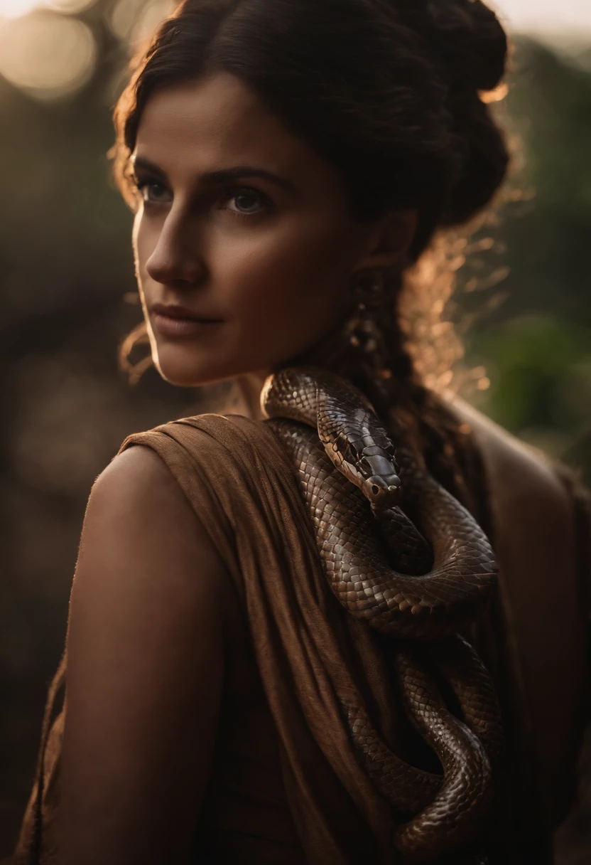 Uma rainha de cabelos castanhos, segurando uma serpente. Ancient times.