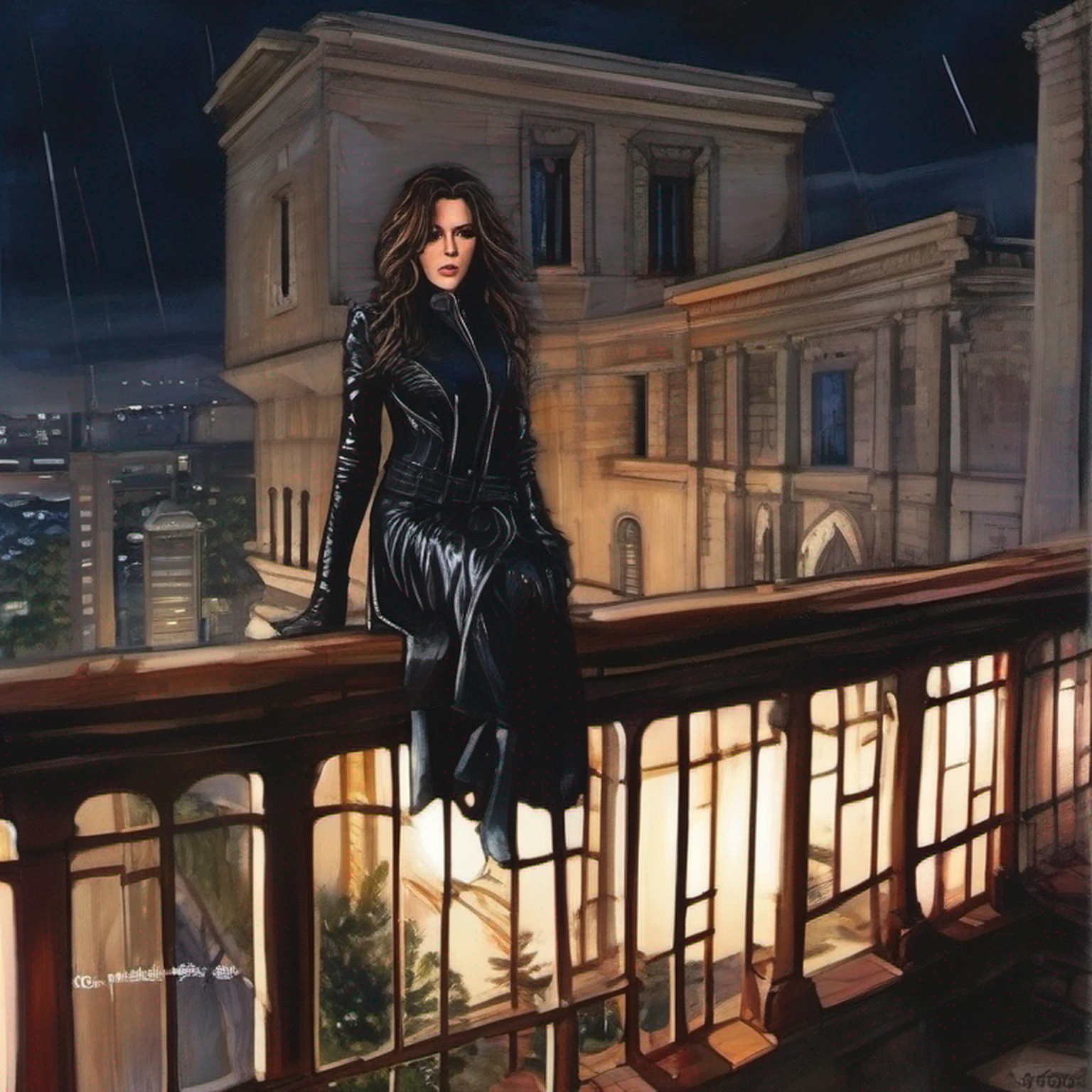 Selene, Kate Beckinsale,  on top of the roof of the church at night, chuva forte, lightnings, pernas abertas mostrando-a , submundo, pubic hair, olhos perfeitos, beautiful face, capa vampira, Cabelos escuros, Calcinha, Luvas, dentes de vampiro, sangue