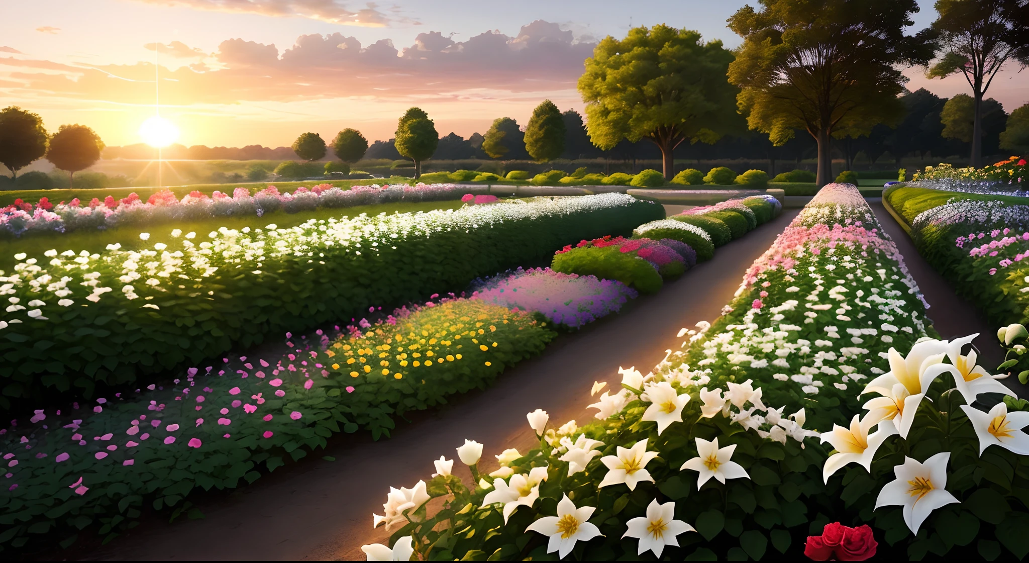 sunrise, wonderful rose, lily, daisy, different flowers garden, niji