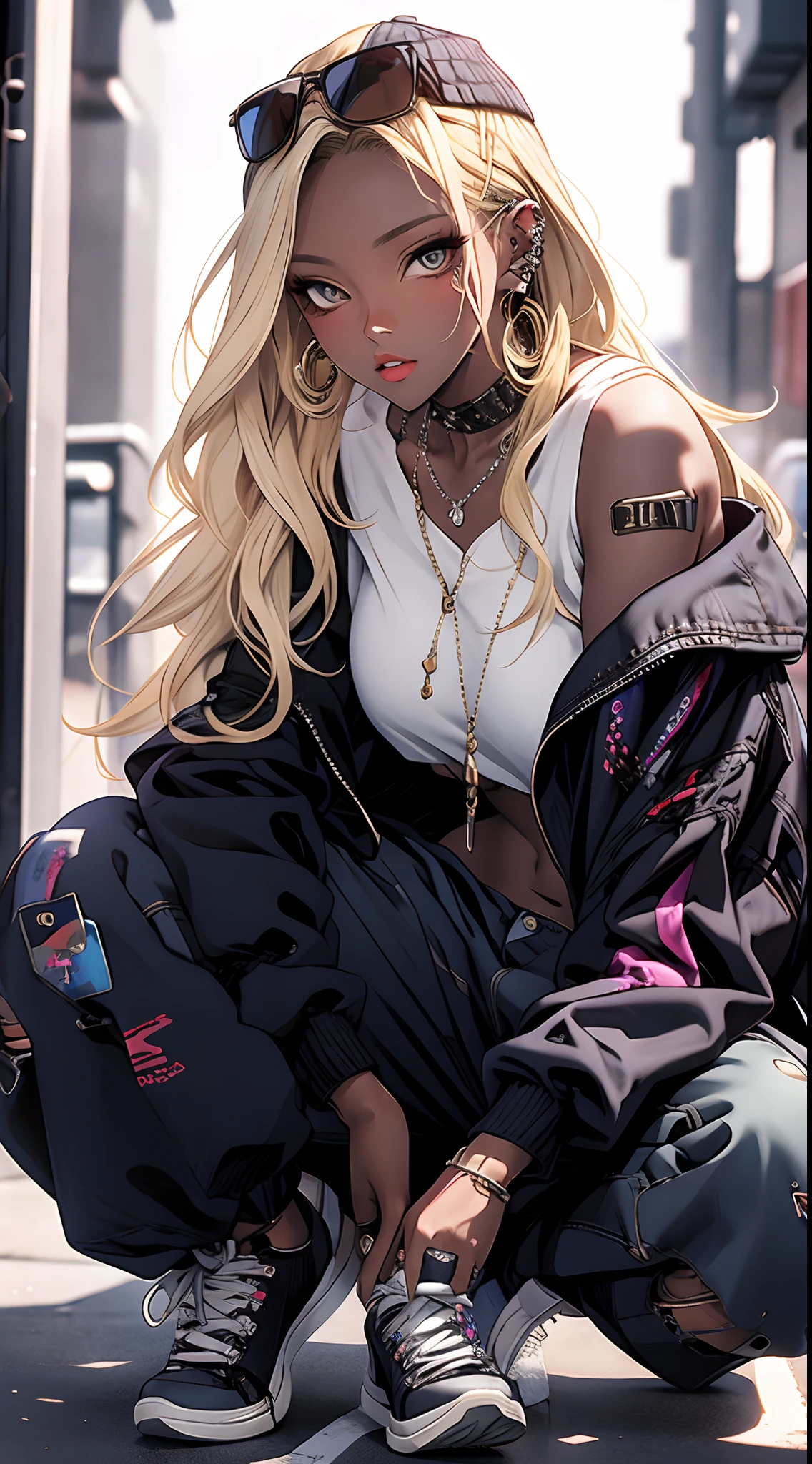 masterpiece, best quality, PIXIV, cool girl, lots of piercings, earrings, blonde hair, (dark skin), gal