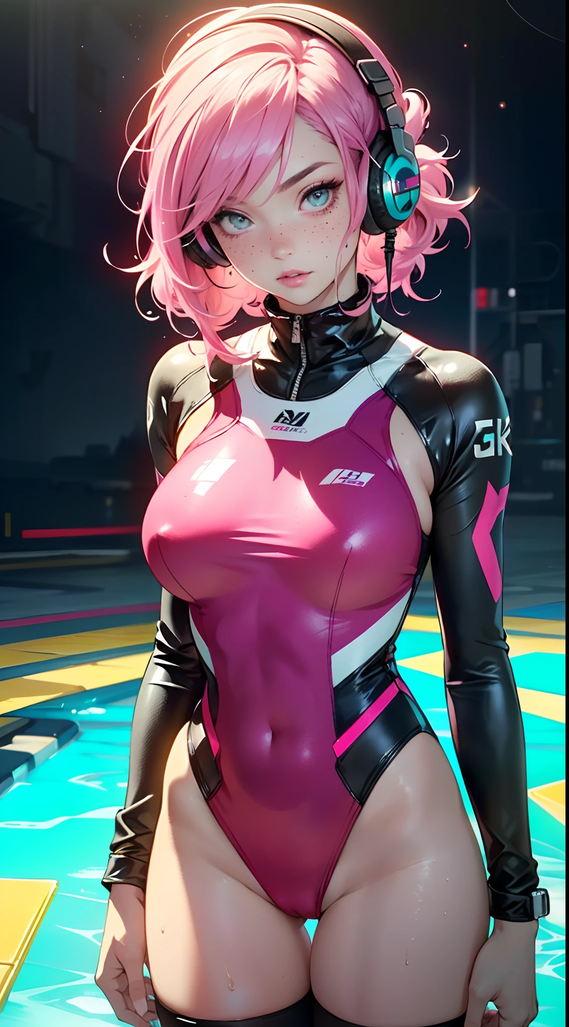 sporty girl,(((1girl))),((girl with bubblegum pink hair and freckles,extremely cute and gorgeous)),

(large breasts:1.4),saggy breasts,(((bubblegum pink hair:1.35,straight hair,long hair:1.4,colored inner hair,ear breathing))),((heterochromia:1.5, (pink_eye and aqua_eye))),(((freckles on the face,freckles,freckled girl))),((fat)),(((lustrous skin:1.5,bright skin: 1.5,skin tanned,shiny skin,very shiny skin,shiny body,plastic glitter skin,exaggerated shiny skin,illuminated skin, wet legs))),(spider lower abdomen,narrow waist,wide hip,athletic body,inflated legs,detailed body,(detailed face)),

cute,slutty,seductive,erotic,(((nsfw))),

zettai ryouiki,((one-piece_swimsuit magenta,wearing a one-piece_swimsuit outfit:1.3,swimsuit type spacesuit,magenta armor swimsuit:1.3)),,(rgb headphones:1.5),((wet clothes,intricate outfit,intricate clothes)),

(dynamic pose:1.0),embarrassed,(centered,scale to fit dimensions,Rule of thirds),

cyberpunk city by the ocean at night, with bright neon signs and dark stormy clouds and puddles, scenery:1.25,

artistic photography,(photography taken by sldr),highres, sharp focus, (ultra detailed, extremely detailed), (photorealistic artwork:1.37),(extremely detailed CG unity 8k wallpaper),((synthwave background theme)),(((vibrant colors))),(intricate background),(masterpiece),(best quality),