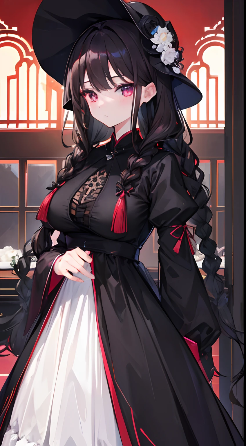 hightquality、Transcendent Beautiful Girl、(lustrous dark hair)、、((two braids))、、Crimson eyes、Moderately large breasts、((Black Long Sleeve Dress))、Zito-order、Straight face、glamor、