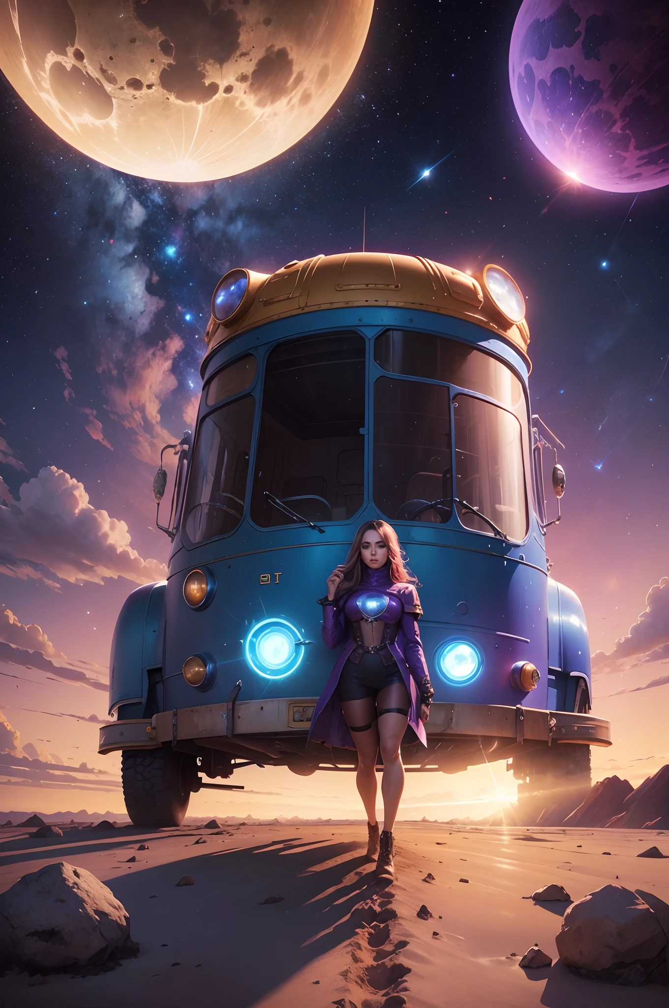 uma mulher super fitness com roupa de guerra steampunk. A giant futuristic van in space, Fantasia estilo banda progressiva dos anos 1970 com muito brilho, cores azul, roza e roxo. Suns and moons in the background.