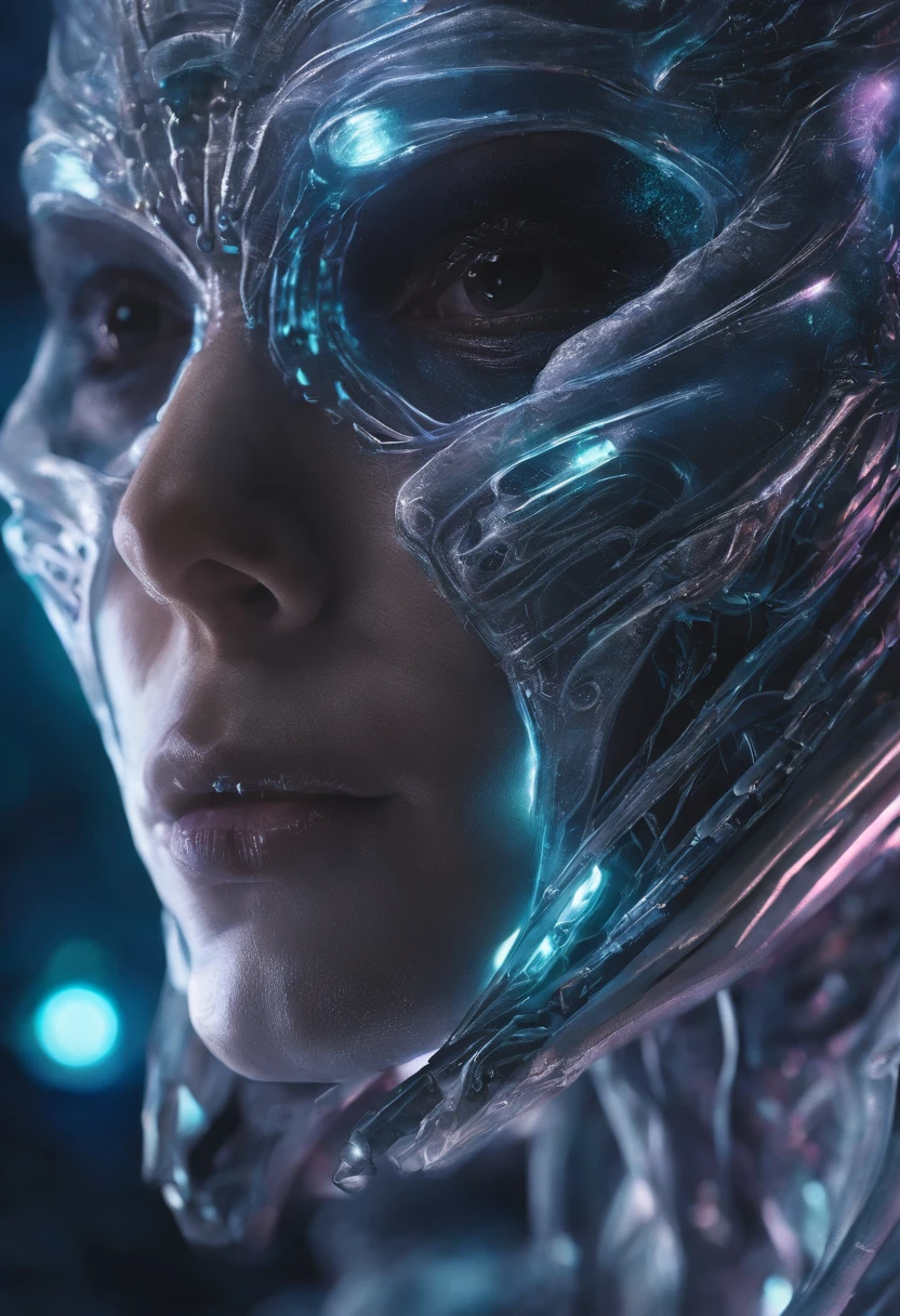 fantchar,translucent ethereal alien,delicate features,science fiction setting,brilhando por dentro,Sparks and lights,luar,lua,Close-up,Realistic:1.2,altamente detalhado:1.2,intrincado