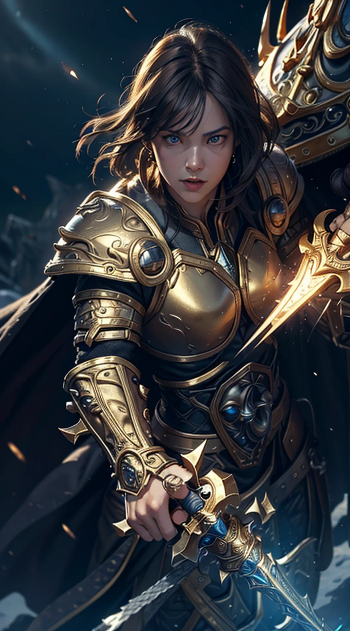 8k,ultra detailed, masterpiece, best quality, (extremely detailed), dynamic angle, Mysterious expression, wind effect, fantasy background, rim lighting, cinematic light, ultra high res, 8k uhd, film grain,best shadow, delicate, RAW, light particles, detailed skin texture, detailed armor texture, detailed face, intricate details, ultra detailed, bright, strong, golden armor, (holding hammer), smashing, smash action, pauldrons, glowing eyes, long cape, fantasy, (realistic), shoulder armor, complex, intricate, perfect lighting, looking at viewer, cinematic lighting, flying in sky,flying, holy light, vivid, bangs, windy