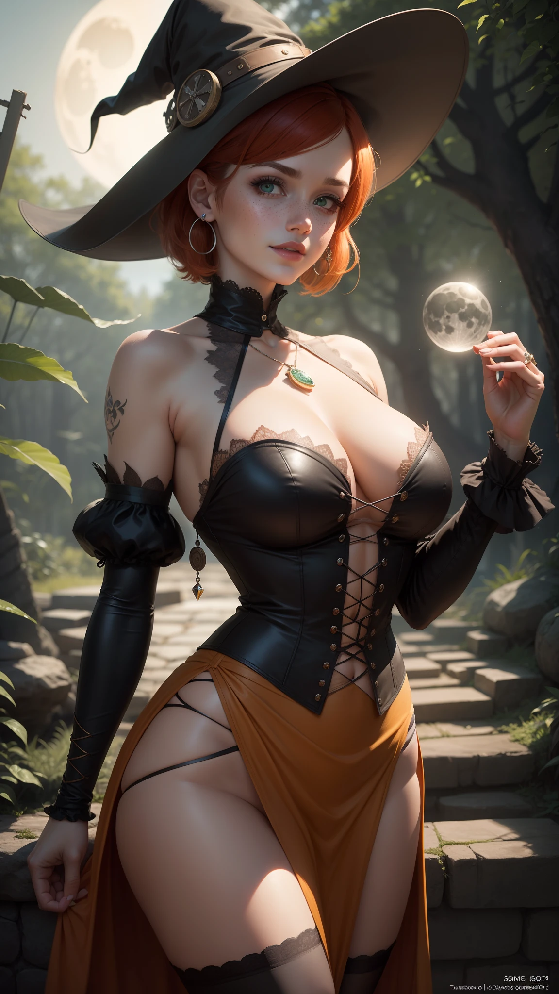 gwen tennyson,tracer,bulma,rebecca chambers,close up,castlevania,magic spells,solo girl,moonlight,bodycon dress,halloween forest,victorian steampunk skirt,pirate corset,jade neck jewelry,witch hat,short hair,silver earrings,night gown,pumpkin village, gothic makeup, green eyes,orange hair,shy smile, freckles,redhead,beautiful girl,large breasts,ultra detailed,realistic, fantasy art,