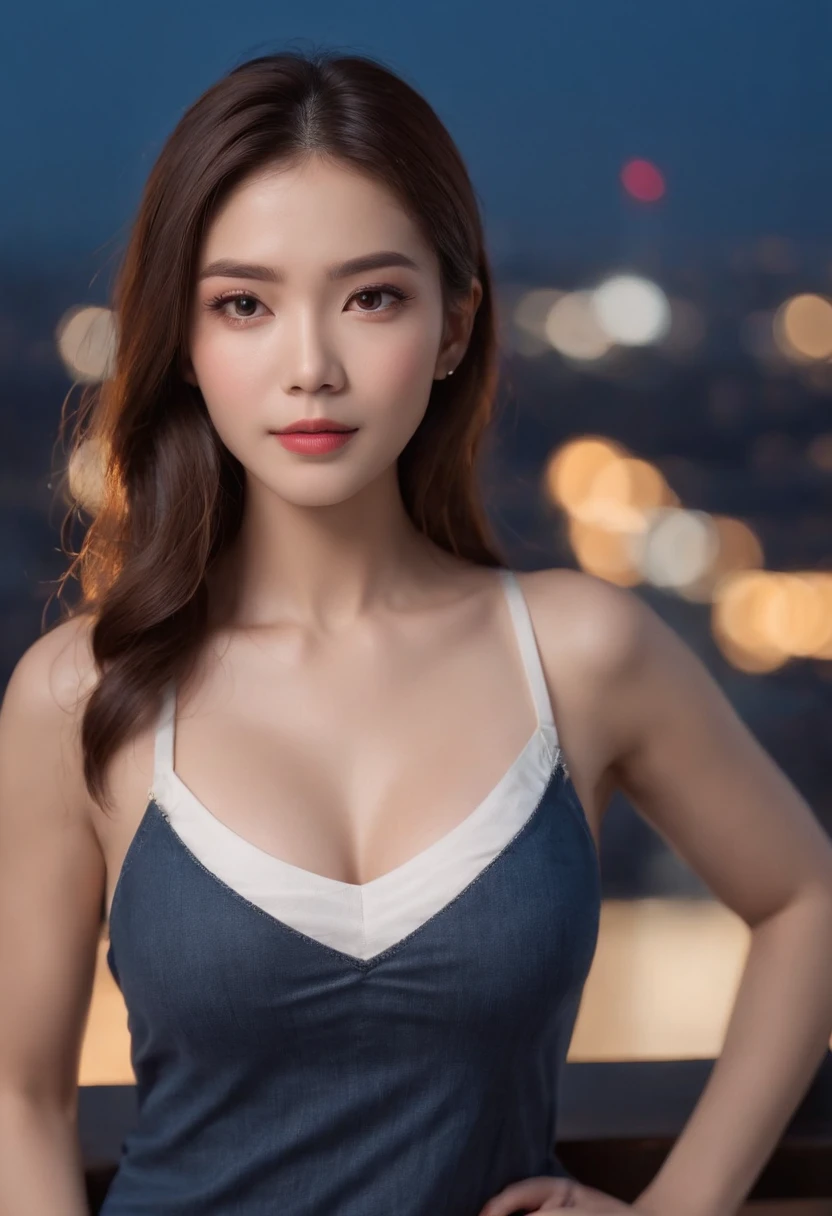 ((Midnight, Best quality, 8k, Masterpiece :1.3)), Whole body, Long legs, Sharp focus :1.2, A pretty woman with perfect figure :1.4, Slender abs :1.1, ((Dark brown hair, Big breasts :1.2)), (White tight tshirt, Jean bib, Standing:1.2), ((Night city view, Rooftop:1.3)), Highly detailed face and skin texture, Detailed eyes, Double eyelid