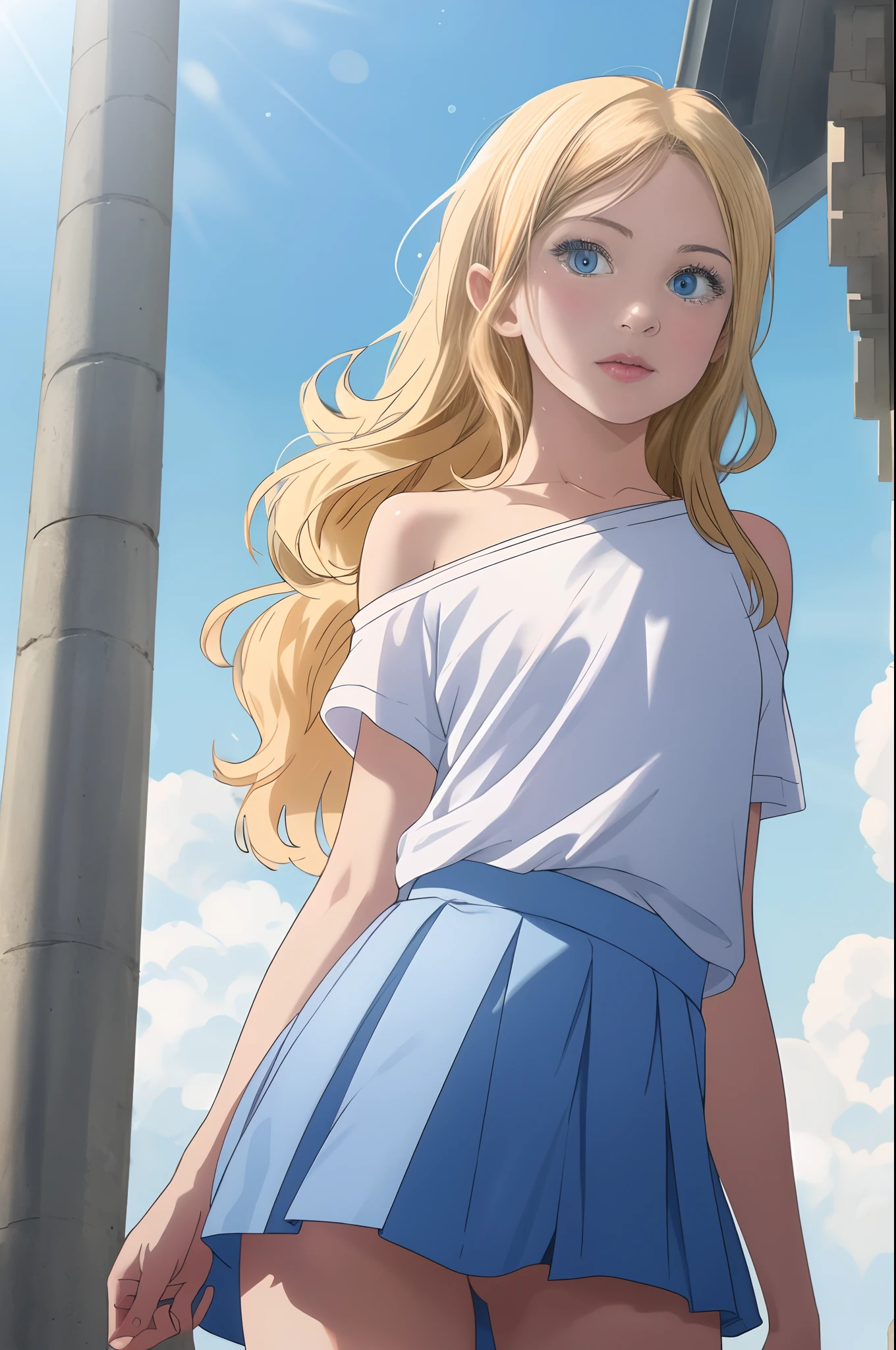 ((European )), beautiful girl, light blue eyes, white t-shirt with exposed shoulder, tiny blue pleated skirt, no panties, realistic vagina, close-up from thighs to face, shot from below, very light skin, very long hair , wavy hair, blonde hair, ancient temple, sunrise, photorealistic, indirect lighting, volumetric light, ray tracing, hyper-detailed, best quality, ultra-high resolution, HDR, 8k