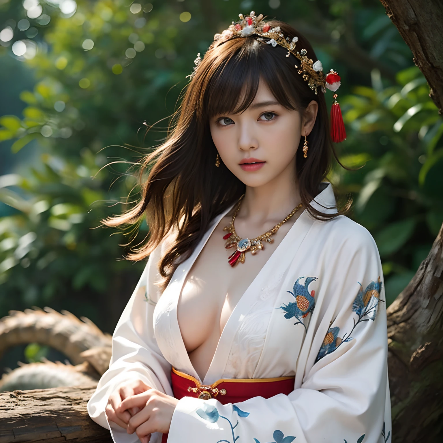 (Fight fiercely with dragons)、top-quality、​masterpiece、超A high resolution、（Wearing a colorful Japan kimono）、Kimono with beautiful pattern、(Wearing a beautiful tan made of jewels),(Photorealsitic:1.4)、Raw photo、女の子1人、Japan big castle background、glowy skin、(((Chinese Dragon)))、（Gorgeous Jewelry Necklaces）、（Mystical expression）、（Fight big dragons）、With a beautiful knife、（White Metal Bodysuit）、(beautiful forest background)、Precipitous cliffs、(Small LED)、((super realistic details))、portlate、globalillumination、Shadow、octan render、（One-Eyed Scouter）、8K、ultrasharp、Colossal tits、Raw skin is exposed in cleavage、metals、Details of complex ornaments、Japan details、highly intricate detail、Realistic light、CGSoation Trends、Blue eyes、radiant eyes、Facing the camera、neon details)、Gundam、Small LED、,Mechanical thighs、Toostock、（Hands are also made of machines）、（veils）、