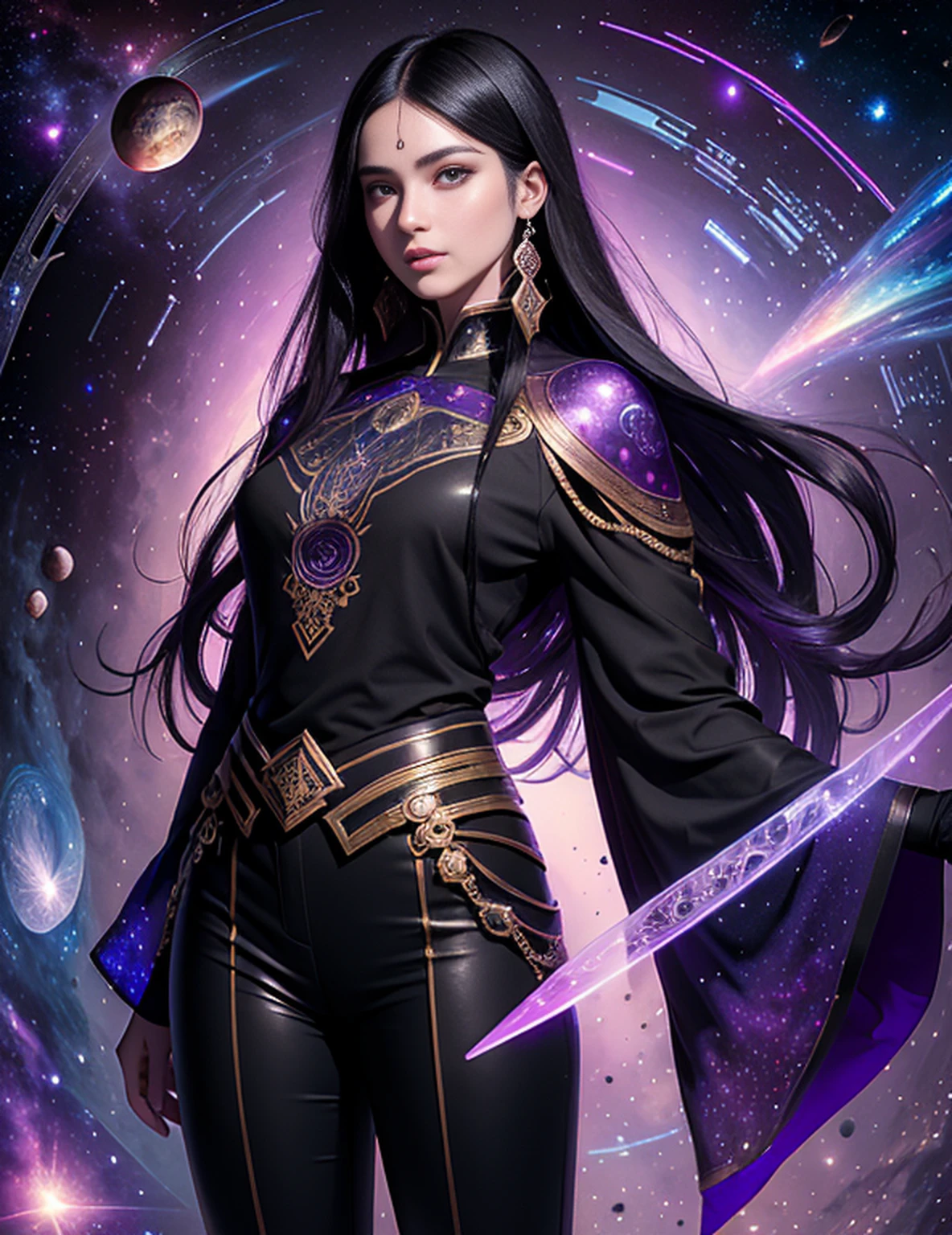 (masterpiece, top quality, best quality, official art, beautiful and aesthetic:1.2), girl, detailed face, long black hair, full body, violet blouse and pants, celestial, cosmic, extremely beautiful, high detailed, (galactic in background), luminous effects, highest detailed, floating particles, ancient runes, geometric patterns, V0id3nergy , mana, shadows, epic atmosphere