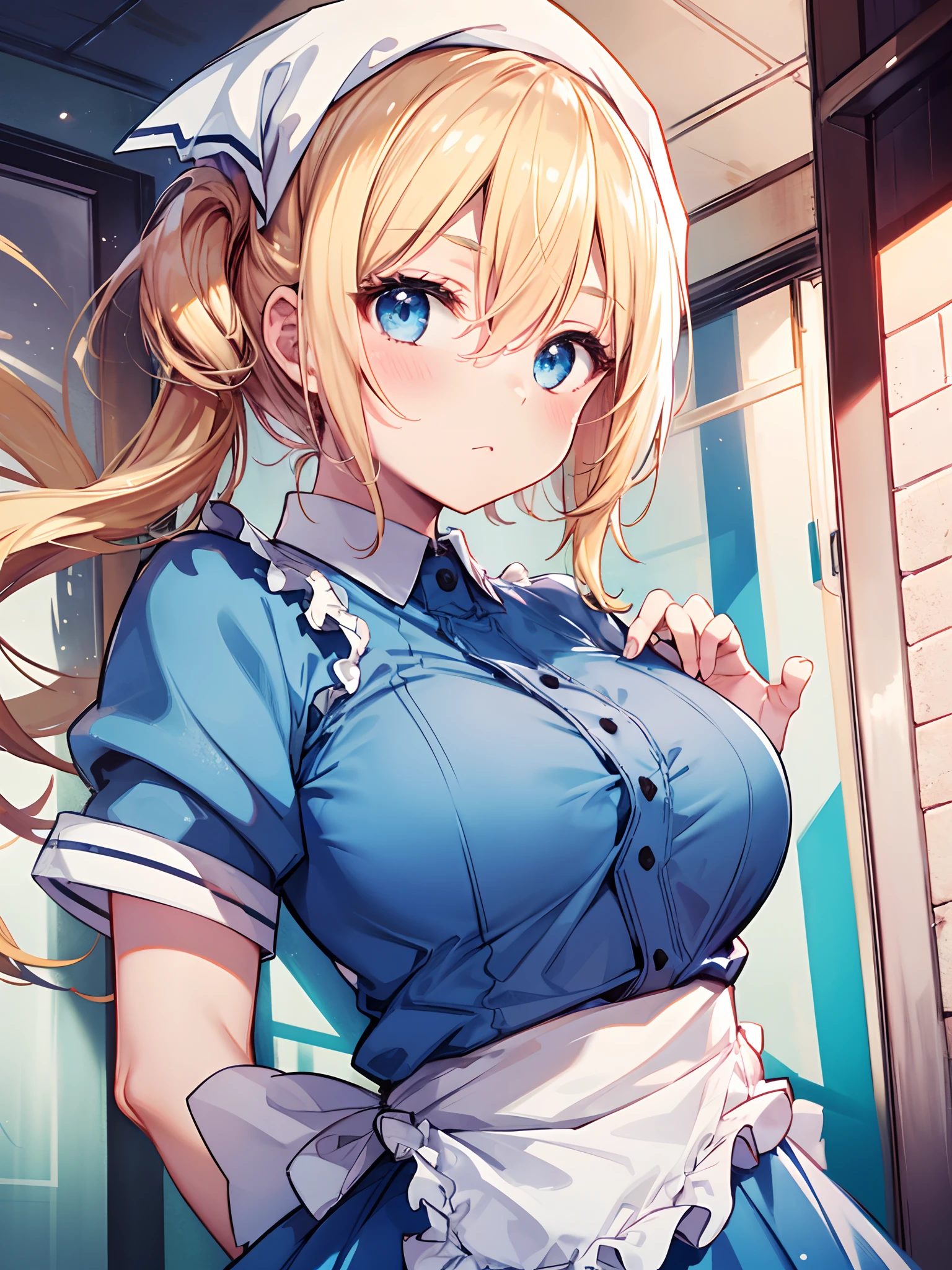 1girl in, (Chiquita:1.2), Kaho Hyuga, a blond, Twin-tailed, White Head Scarf, woman samurai, frilld, Blue shirt, Waist apron, Puffy Short Sleeves, blueskirt,  white glove, large boob, 

(Close Shot, Best Quality, hight resolution, 4K, Detailed Lighting, Shaders, perfect anatomia), 
Looking at Viewer, From  above, Focus,
blush,