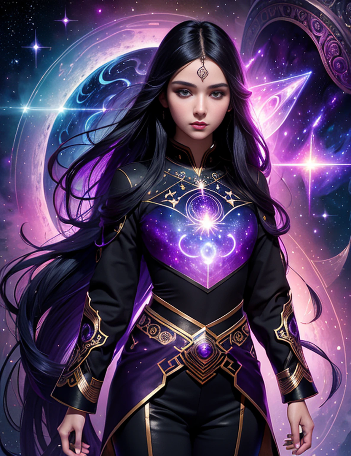(masterpiece, top quality, best quality, official art, beautiful and aesthetic:1.2), girl, detailed face, long black hair, full body, violet blouse and pants, celestial, cosmic, extremely beautiful, high detailed, (galactic in background), luminous effects, highest detailed, floating particles, ancient runes, geometric patterns, V0id3nergy , mana, shadows, epic atmosphere