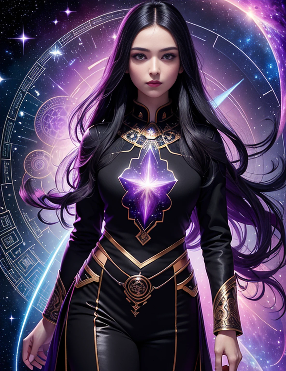 (masterpiece, top quality, best quality, official art, beautiful and aesthetic:1.2), girl, detailed face, long black hair, full body, violet blouse and pants, celestial, cosmic, extremely beautiful, high detailed, (galactic in background), luminous effects, highest detailed, floating particles, ancient runes, geometric patterns, V0id3nergy , mana, shadows, epic atmosphere