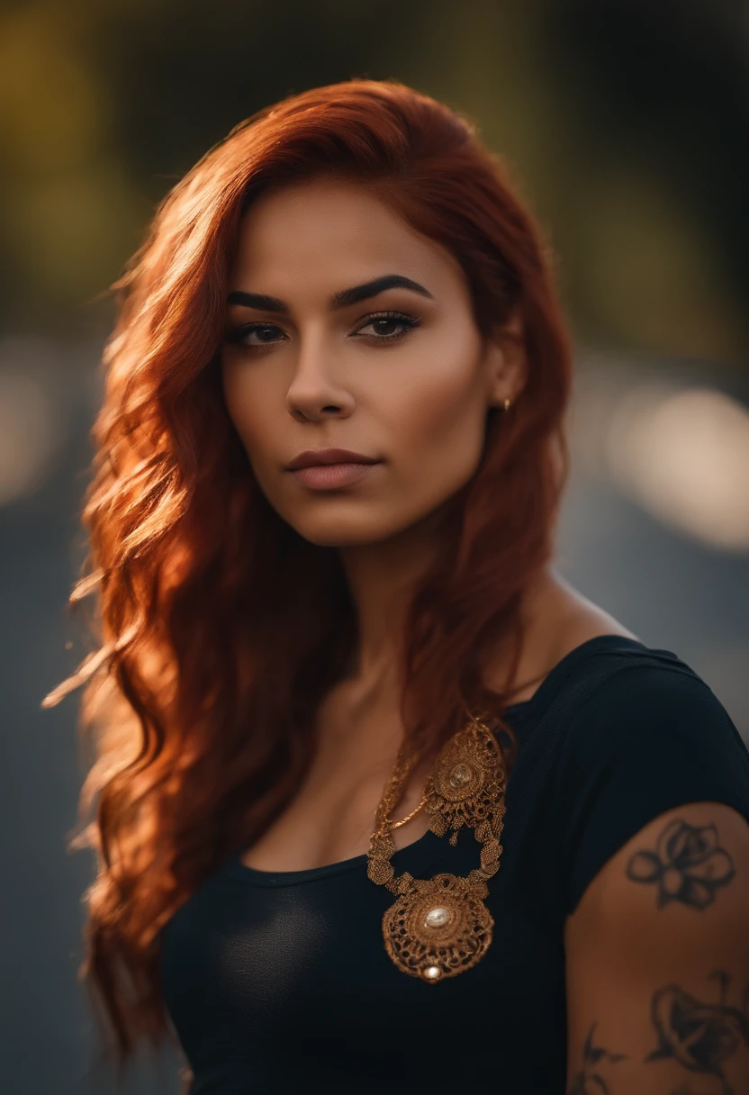 A Latina urban goddess with caramel skin and vibrant red hair With scar marks on her right shoulder, lower lip and shoulder completely, sportive, fit girl, moyenne poitrine, Realstic, 25 ans