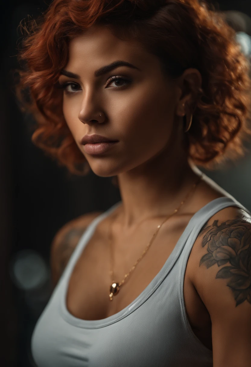 An urban Latina goddess with caramel skin and vibrant red hair With flower tattoos on her right shoulder, lower lip and shoulder completely, sportive, fit girl, Quite large and detailed muscles, poitrine, Realstic, 22 ans, tenue de sport, very small golden chain, salle de sport, joue ronde, slightly shiny skin, Mid-length hair reaching shoulders, petites boucles d'oreilles,