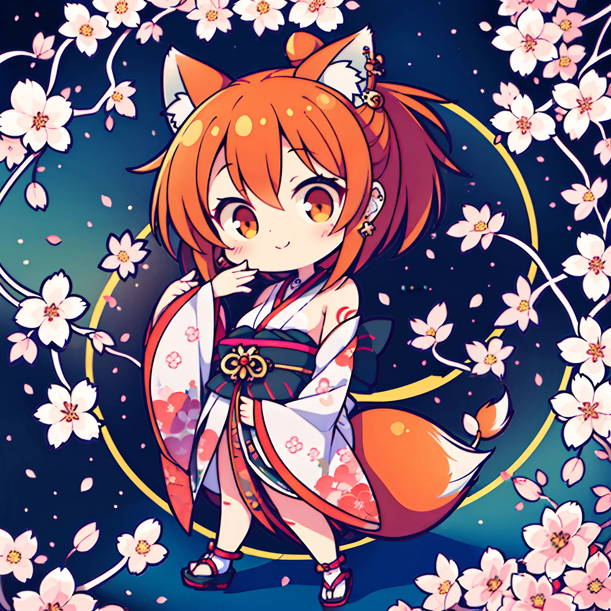 (2 girls) The cutest chibi fox kabuki girls, wearing highly detailed kimonos, tattoos and piercings, finely detailed graffiti background, cherry blossoms blowing in the wind, perfect masterpiece, high quality, high resolution