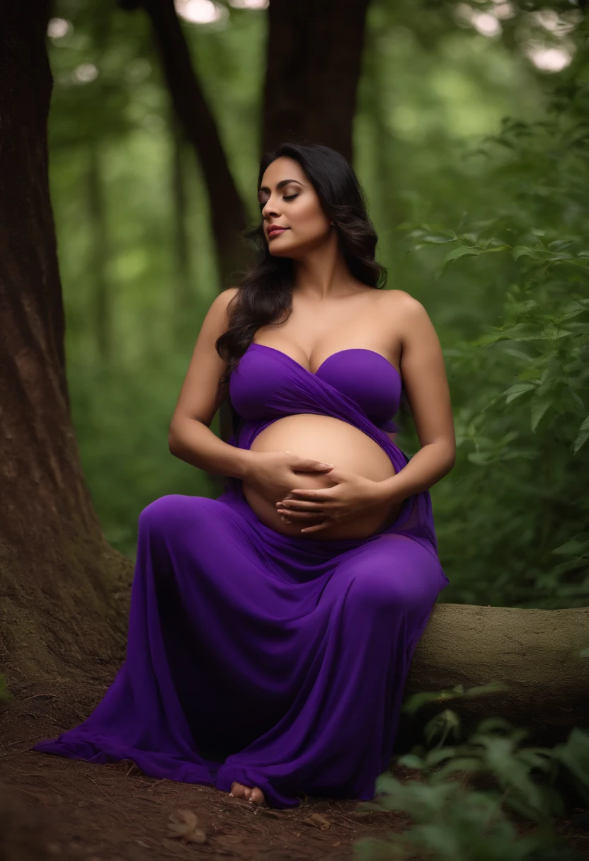Beautiful Indian women with cute round face and long hairs, big breasts, large belly, standing in nature wearing light purple saree