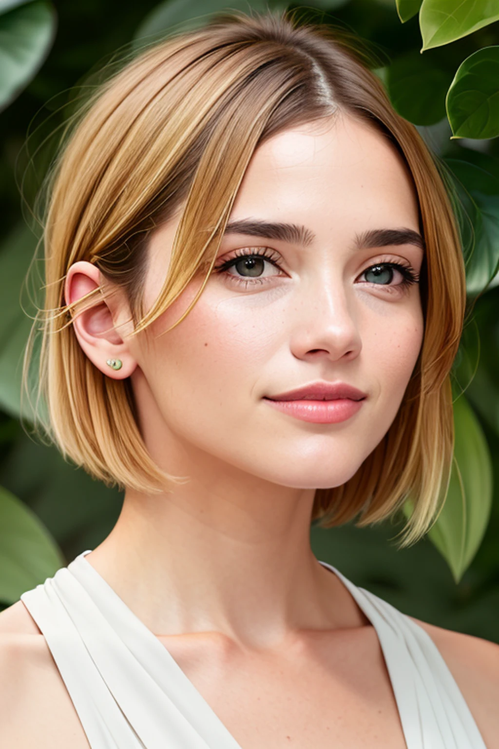 A woman with a gracious and gentle presence is at the center of the work. Her facial expression exudes sex appeal and intelligence. Seus olhos sorridentes, detalhado e cheio de profundidade, atrair o espectador com sua intensidade. The woman's female nose enhances her distinctive appearance, emphasizing his soft features. Her lips are beautifully sculpted, subtly suggesting a sense of mystery. O foco em seu rosto e os detalhes intrincados dela adicionam um senso de realismo ao retrato dela. The artwork is created using a combination of traditional oil painting and digital rendering techniques, resultando em um meio visualmente deslumbrante. The rich textures of the brush strokes and meticulous attention to detail highlight the depth and complexity of the subject. Em torno da mulher, More elements add depth to the composition. In the background, A beautifully landscaped garden displays lush greenery and vibrant flowers, criando uma atmosfera serena e cativante. The artist's attention to detail is reflected in every blade of grass and petal, bem como no jogo de luz e sombra na cena. The overall image quality of the art is of the highest standards, aiming to achieve a realistic and photorealistic representation. The use of high-resolution techniques, como 4K ou 8K, ensures that every aspect of the artwork is presented with impeccable clarity and sharpness. The color palette of the artwork is carefully selected to enhance the overall mood and atmosphere. macio, Natural tones are used to create a harmonious and balanced composition, while vibrant pops of color in the flowers and foliage add visual interest and a touch of vibrancy. The lighting in the artwork is meticulously crafted to illuminate the subject and highlight its characteristics. The use of studio lighting techniques ensures that the man's face is expertly illuminated, with the play of light and shadow accentuating its strong contours and creating a sense of depth. Ger