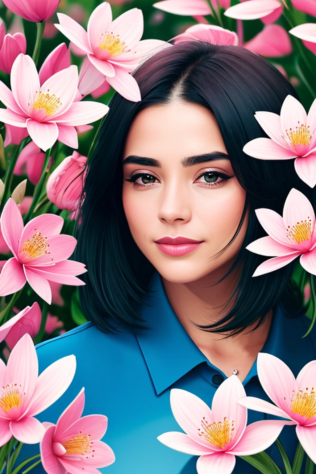 A woman with a gracious and gentle presence is at the center of the work. Her facial expression exudes sex appeal and intelligence. Seus olhos sorridentes, detalhado e cheio de profundidade, atrair o espectador com sua intensidade. The woman's female nose enhances her distinctive appearance, emphasizing his soft features. Her lips are beautifully sculpted, subtly suggesting a sense of mystery. O foco em seu rosto e os detalhes intrincados dela adicionam um senso de realismo ao retrato dela. The artwork is created using a combination of traditional oil painting and digital rendering techniques, resultando em um meio visualmente deslumbrante. The rich textures of the brush strokes and meticulous attention to detail highlight the depth and complexity of the subject. Em torno da mulher, More elements add depth to the composition. In the background, A beautifully landscaped garden displays lush greenery and vibrant flowers, criando uma atmosfera serena e cativante. The artist's attention to detail is reflected in every blade of grass and petal, bem como no jogo de luz e sombra na cena. The overall image quality of the art is of the highest standards, aiming to achieve a realistic and photorealistic representation. The use of high-resolution techniques, como 4K ou 8K, ensures that every aspect of the artwork is presented with impeccable clarity and sharpness. The color palette of the artwork is carefully selected to enhance the overall mood and atmosphere. macio, Natural tones are used to create a harmonious and balanced composition, while vibrant pops of color in the flowers and foliage add visual interest and a touch of vibrancy. The lighting in the artwork is meticulously crafted to illuminate the subject and highlight its characteristics. The use of studio lighting techniques ensures that the man's face is expertly illuminated, with the play of light and shadow accentuating its strong contours and creating a sense of depth. Ger